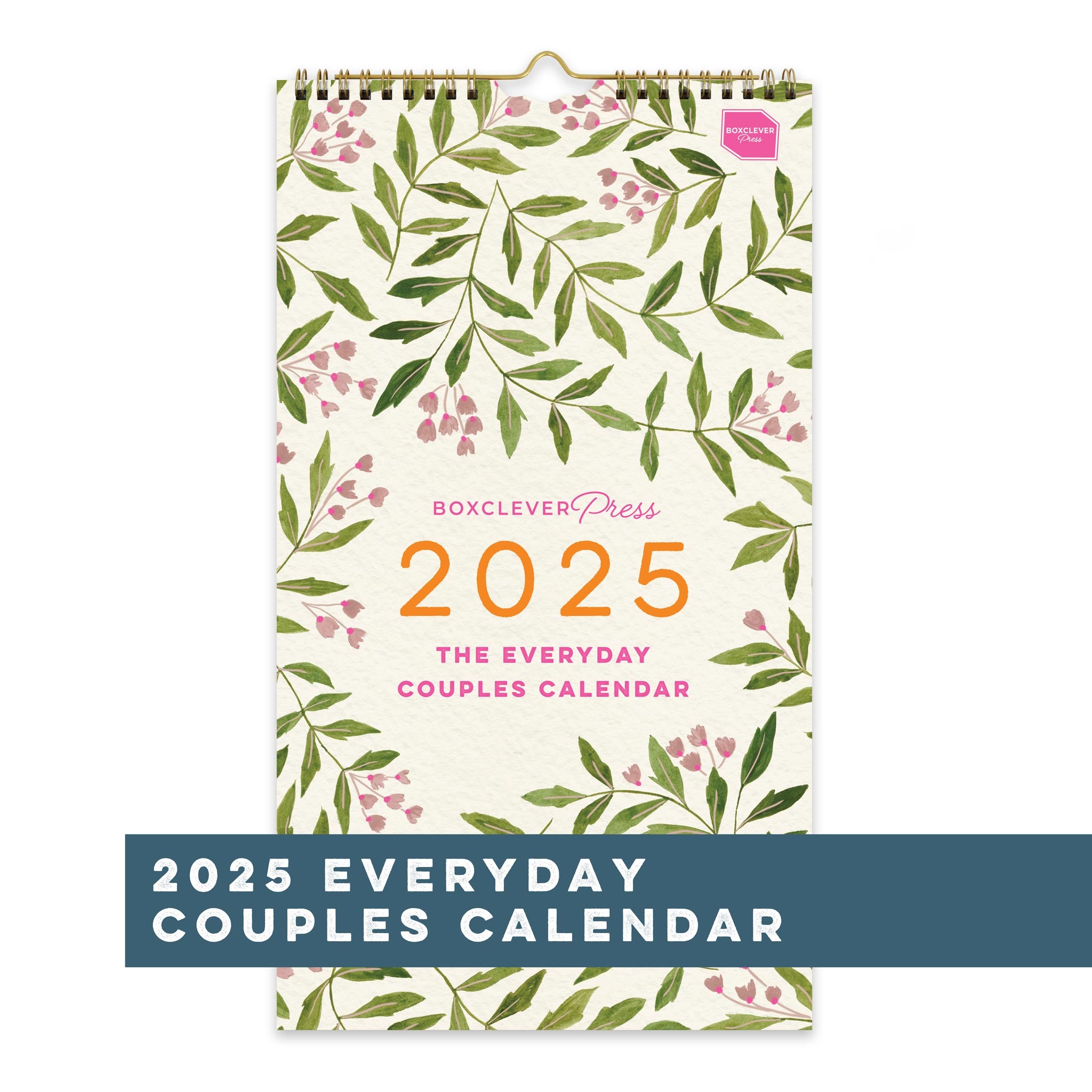 Boxclever Press Everyday Couples Calendar 2025 with a leaf and light pink floral cover.