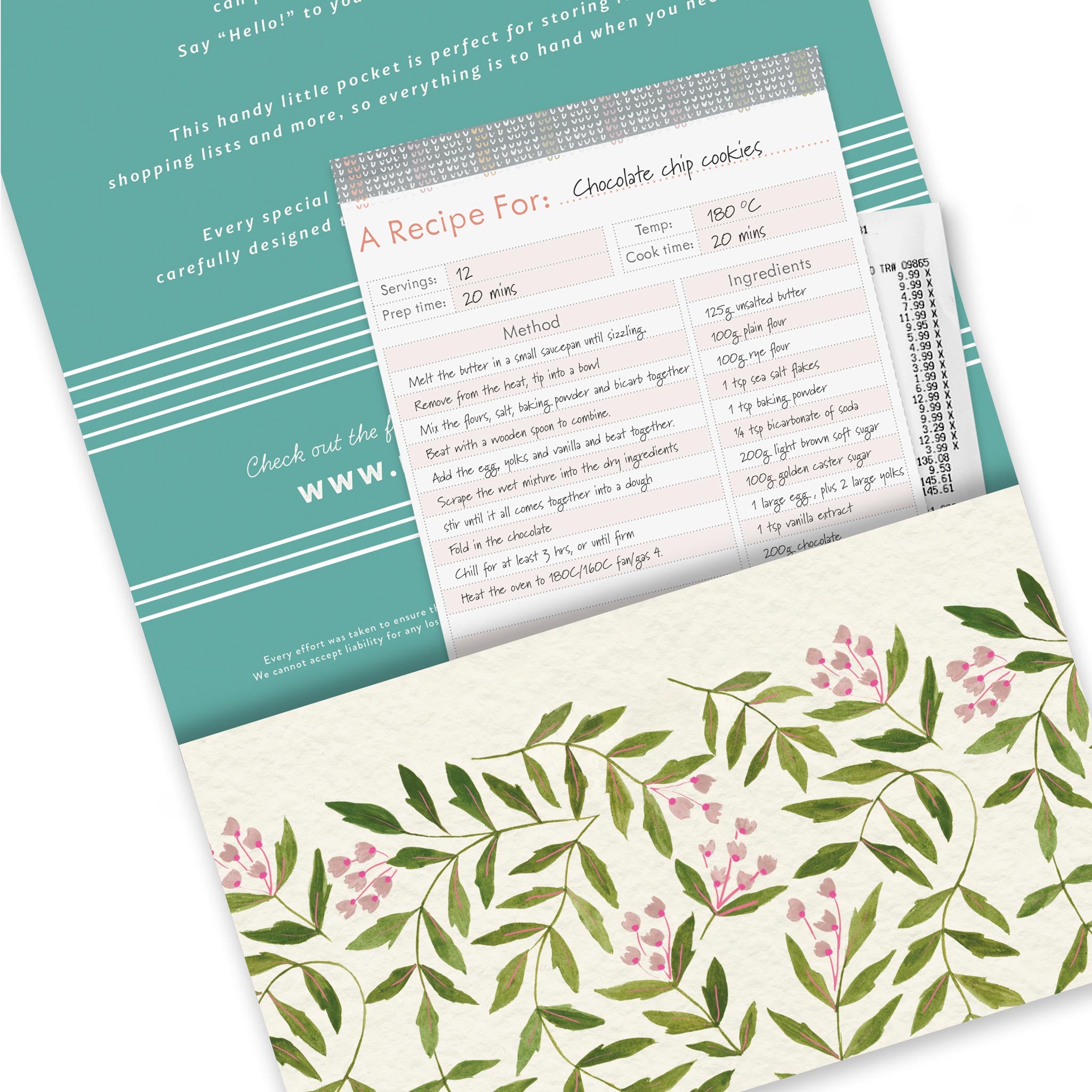 A calendar back pocket in a green leaf design with a recipe card and receipt inside it.