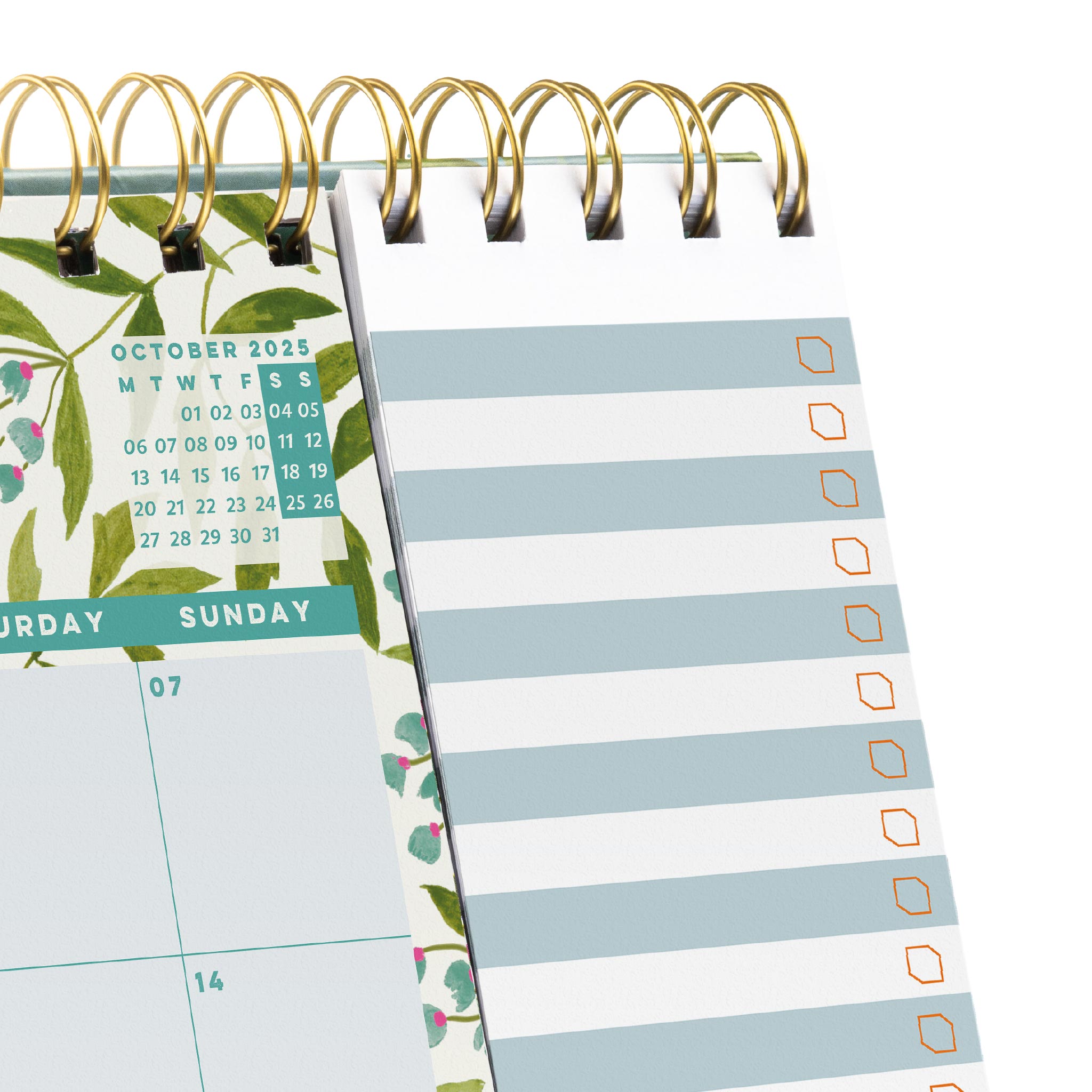 A close up of the to-do list flip pad and gold wiro binding at the top of the desk calendar.