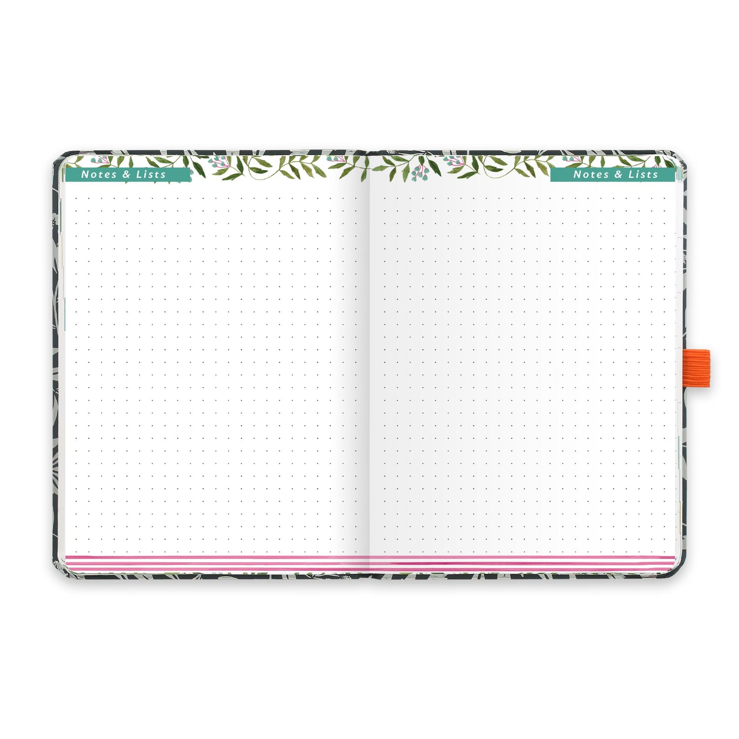 An open diary with dotted notes and lists pages.
