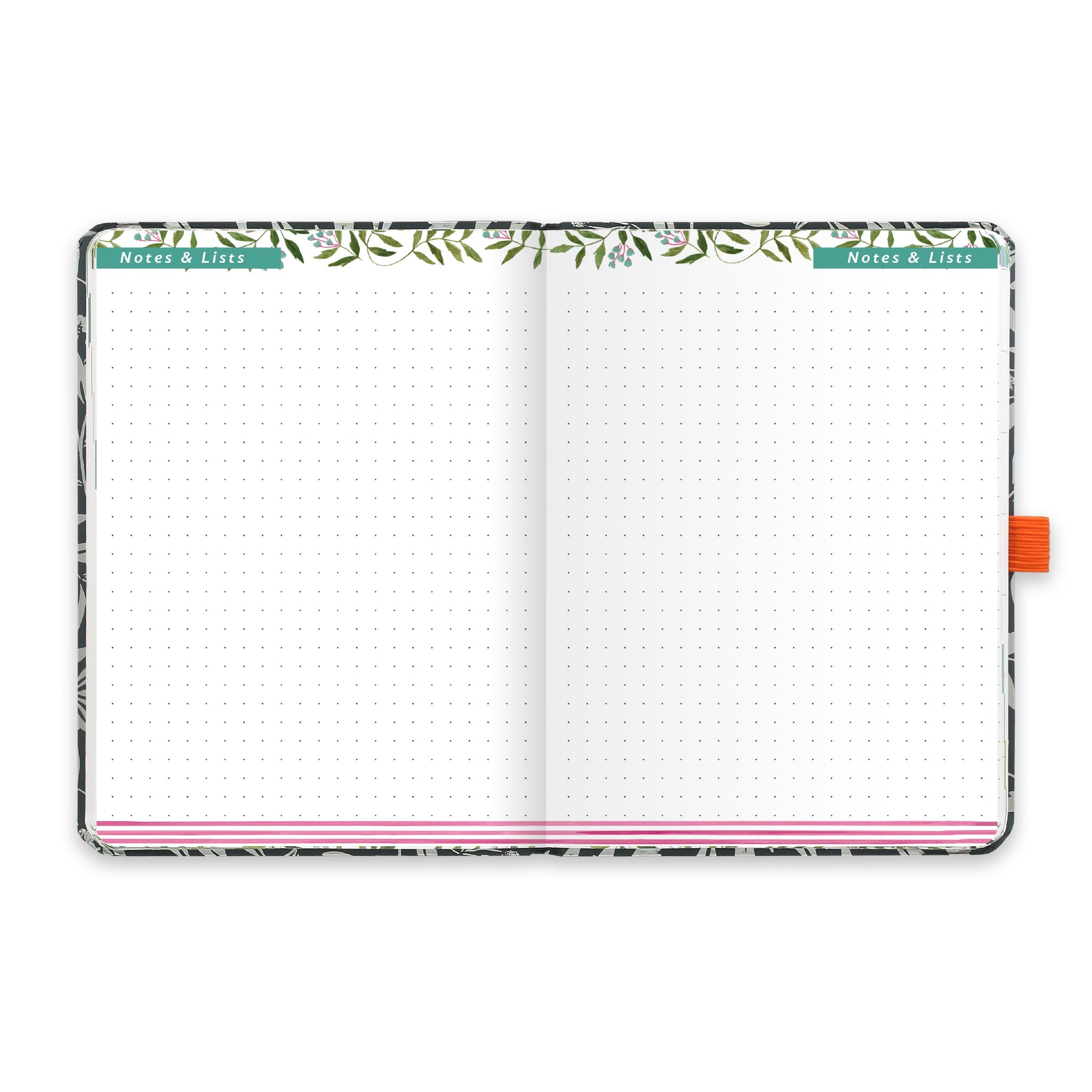 An open diary with dotted notes and lists pages.
