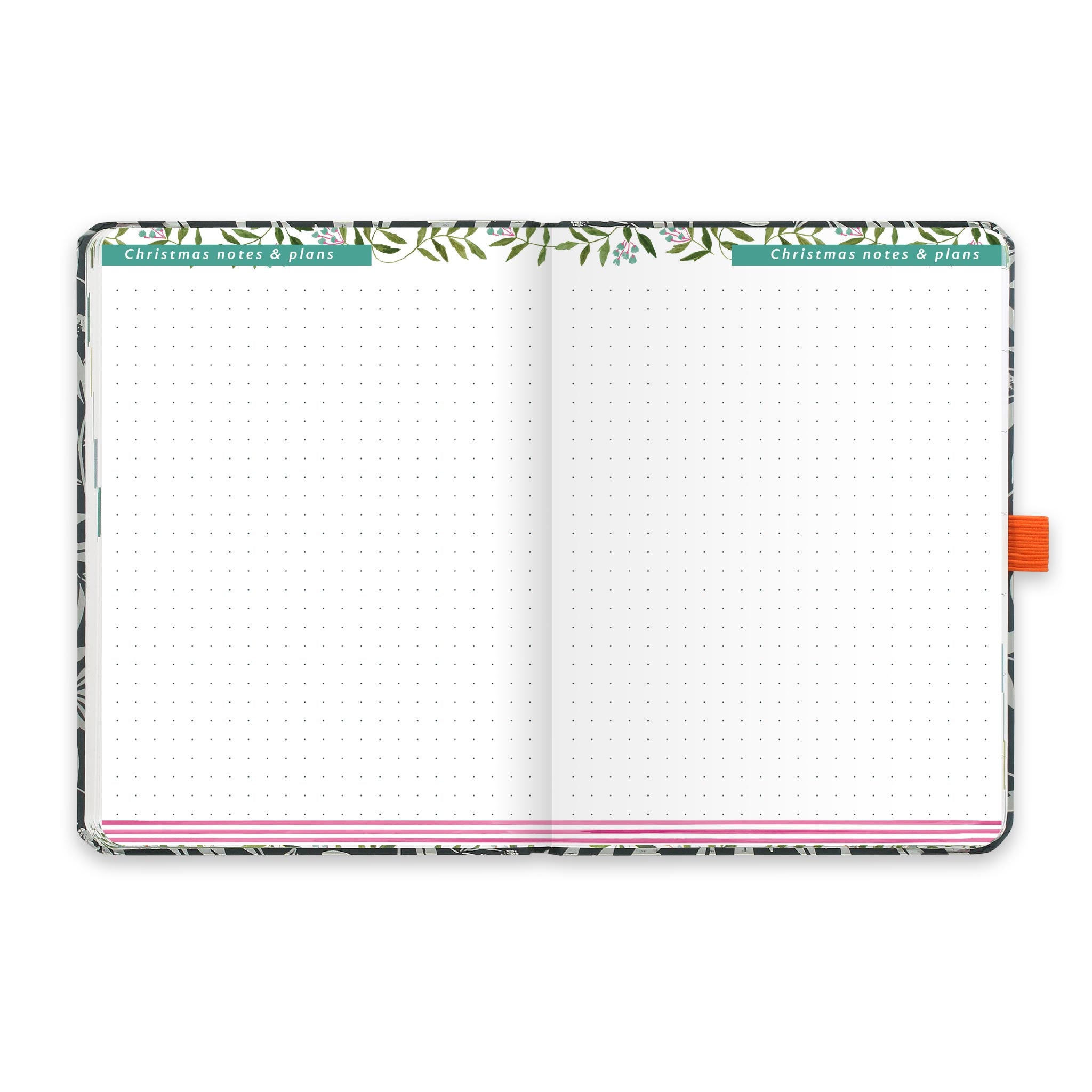 An open diary with dotted Christmas notes and plans pages.
