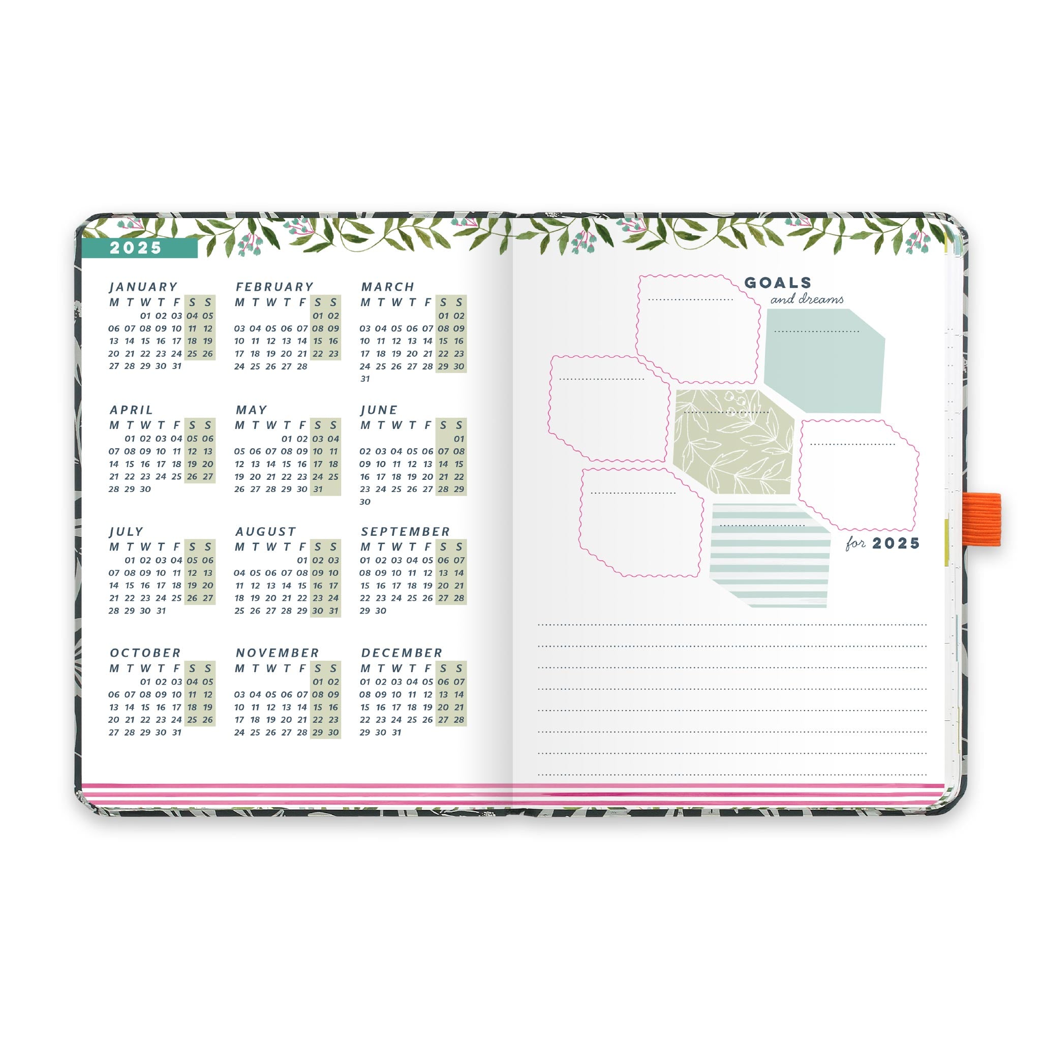 An open diary planner with a goals and dreams for the year page and a page with year microcalendars for 2025.