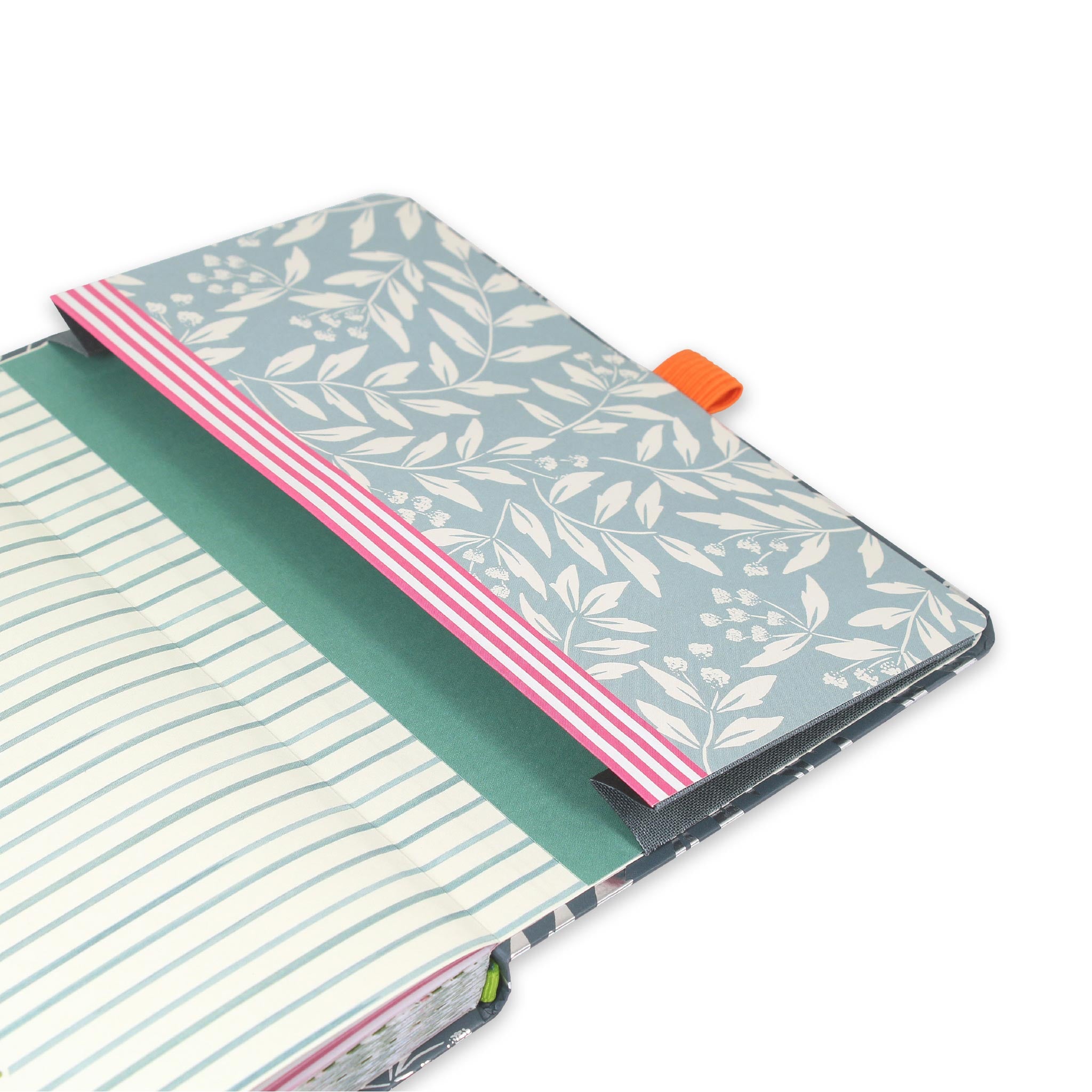 Diary back pocket with a leaf design and orange pen loop.