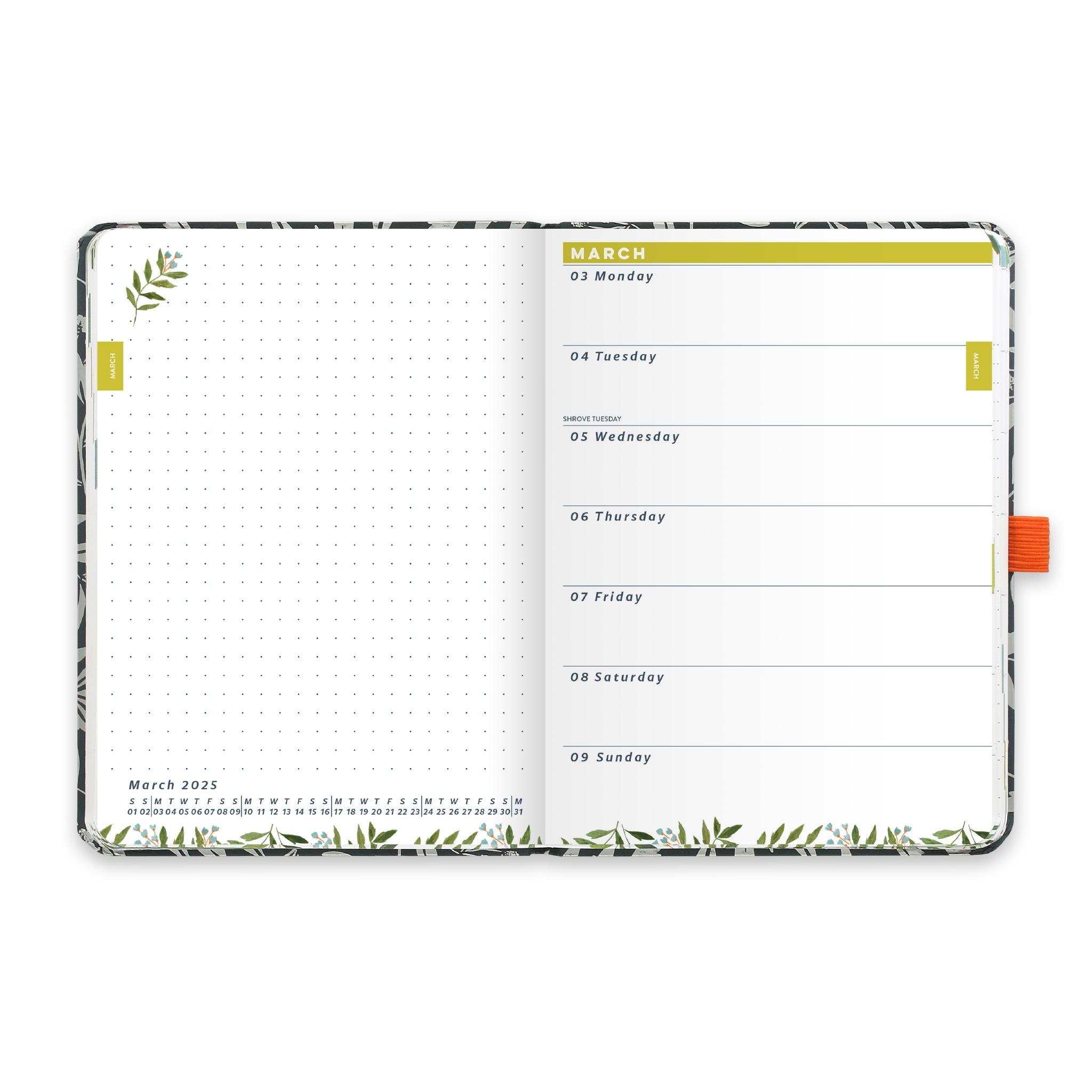 An inside diary spread showing March 2025 with a diary page on the right and dotted note on the left.
