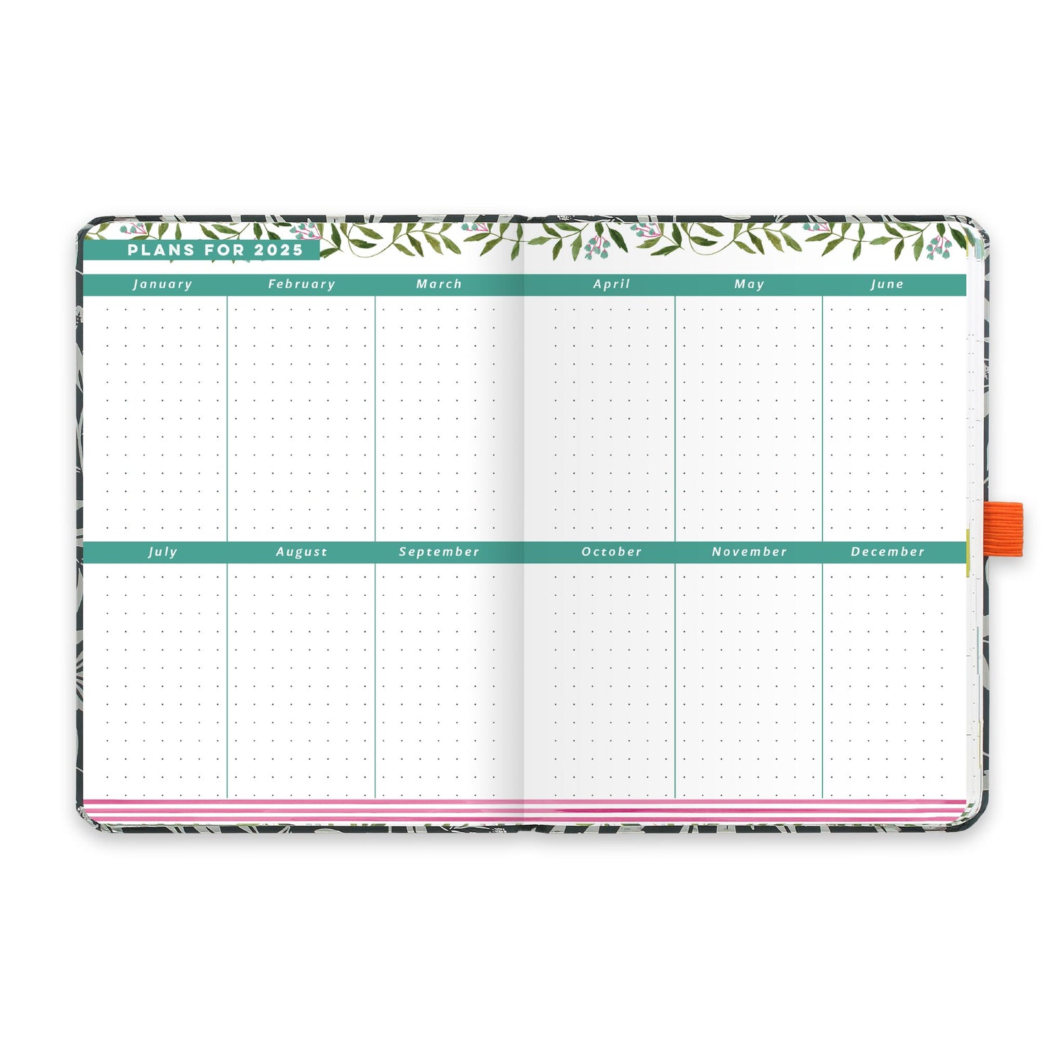 An open diary planner with plans for 2025 and dotted note space for each month. 
