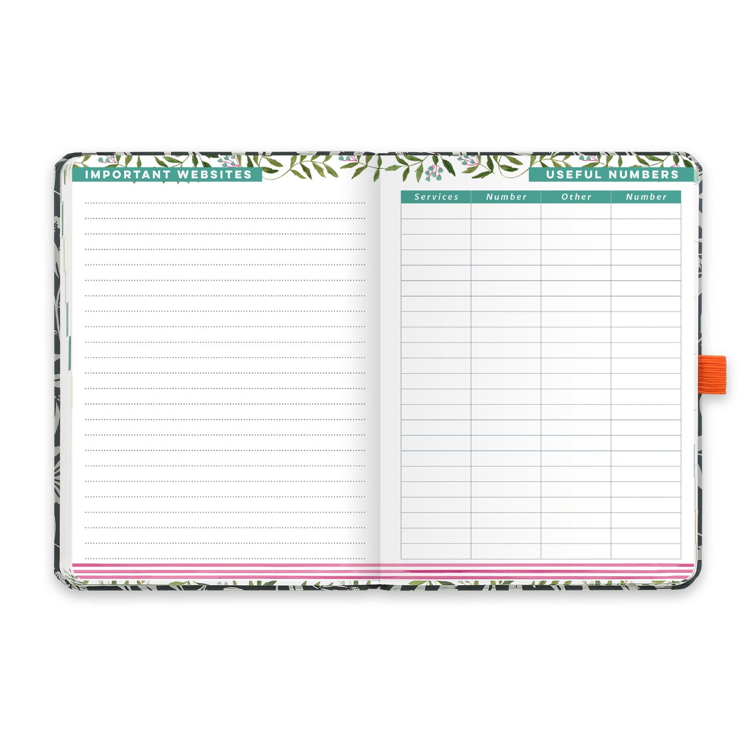 An open diary planner with a page for Important websites and a useful numbers page.