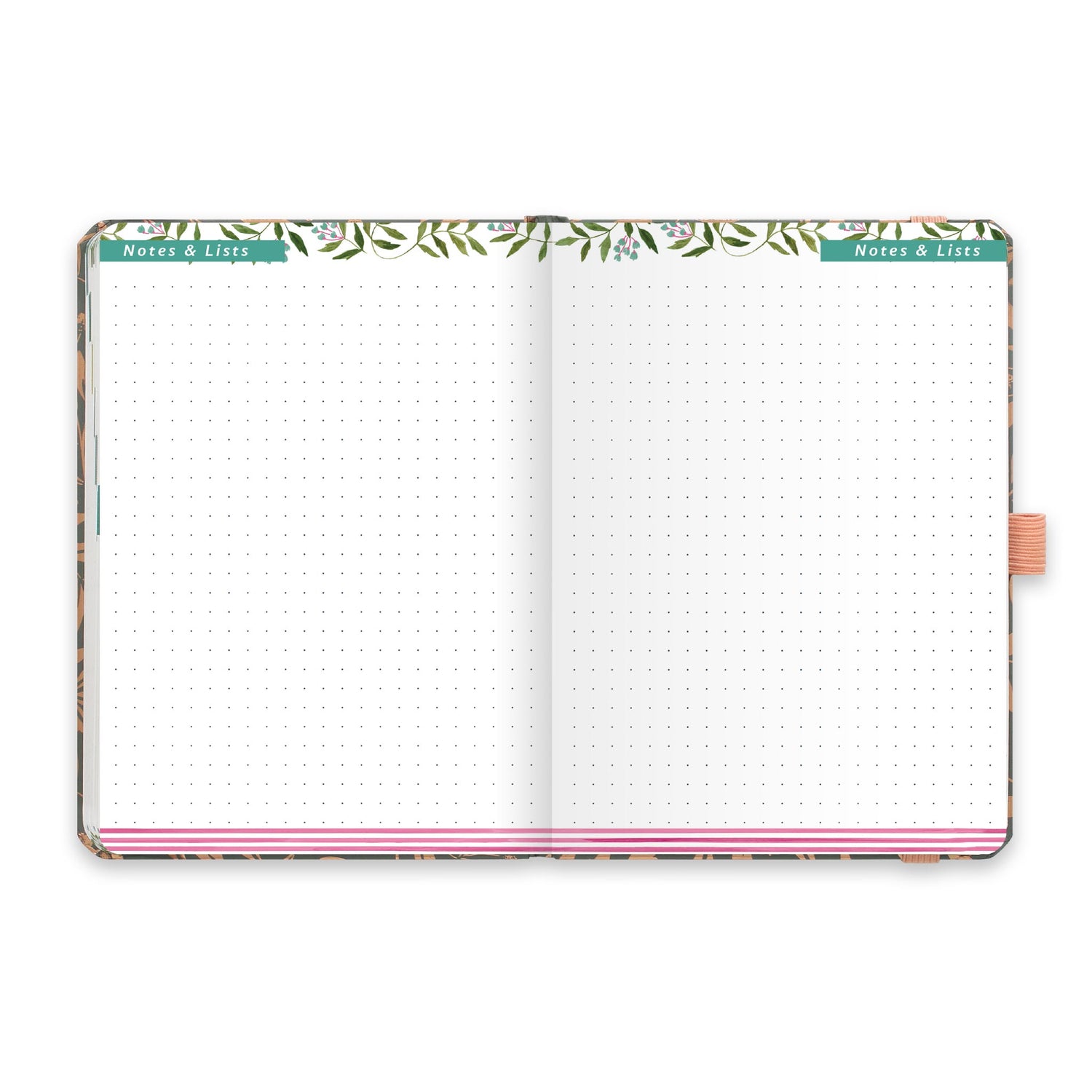 An open diary with dotted notes and lists pages.