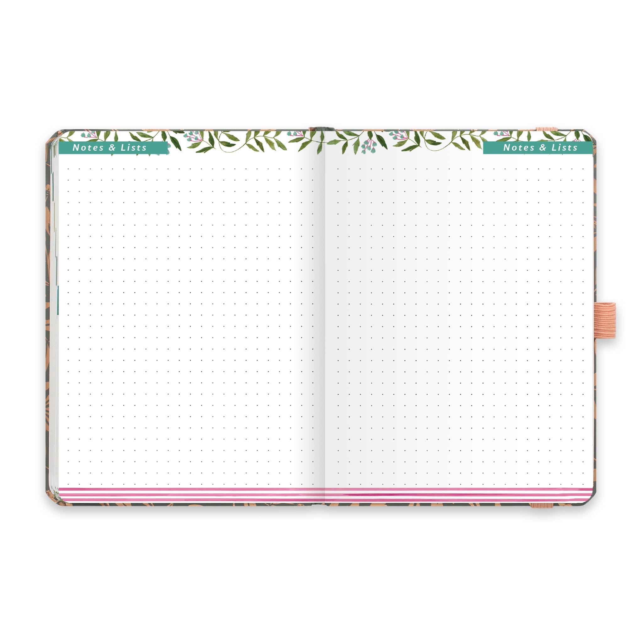 An open diary with dotted notes and lists pages.