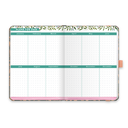 An open diary planner with plans for 2025 and dotted note space for each month. 