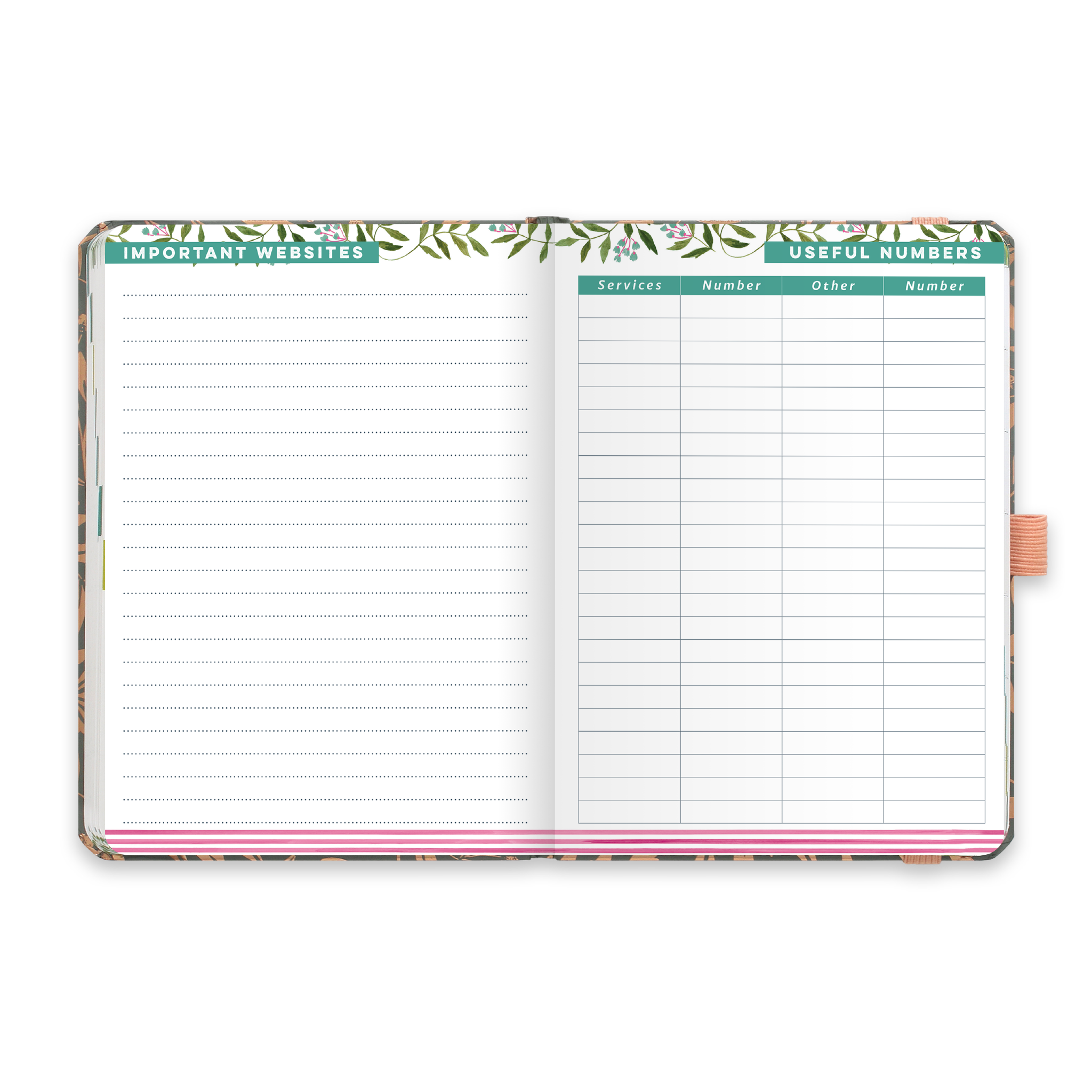 An open diary planner with a page for Important websites and a useful numbers page.
