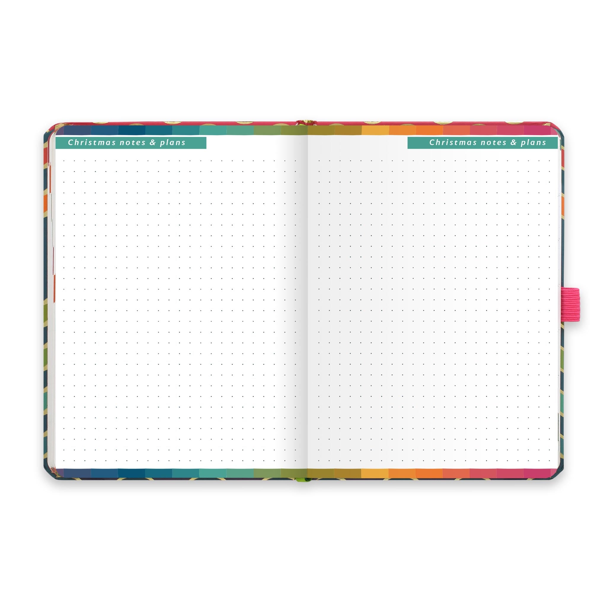 An open diary with dotted Christmas notes and plans pages.
