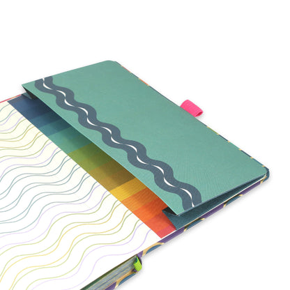 Diary back pocket with a wavy design and pink pen loop.
