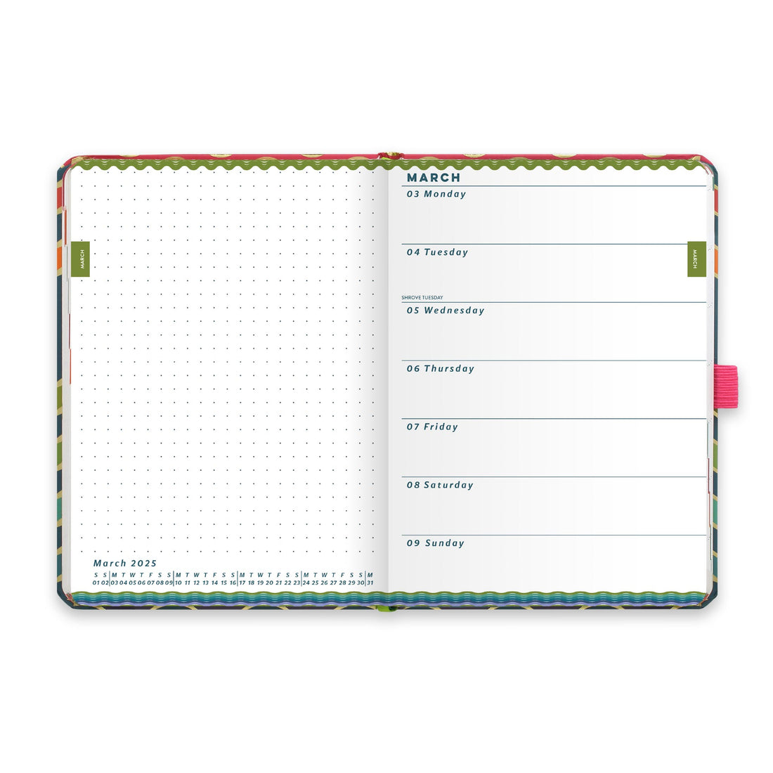 An inside diary spread showing March 2025 with a diary page on the right and dotted note on the left.