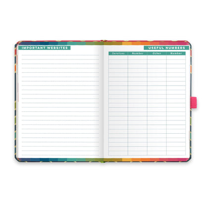 An open diary planner with a page for Important websites and a useful numbers page.
