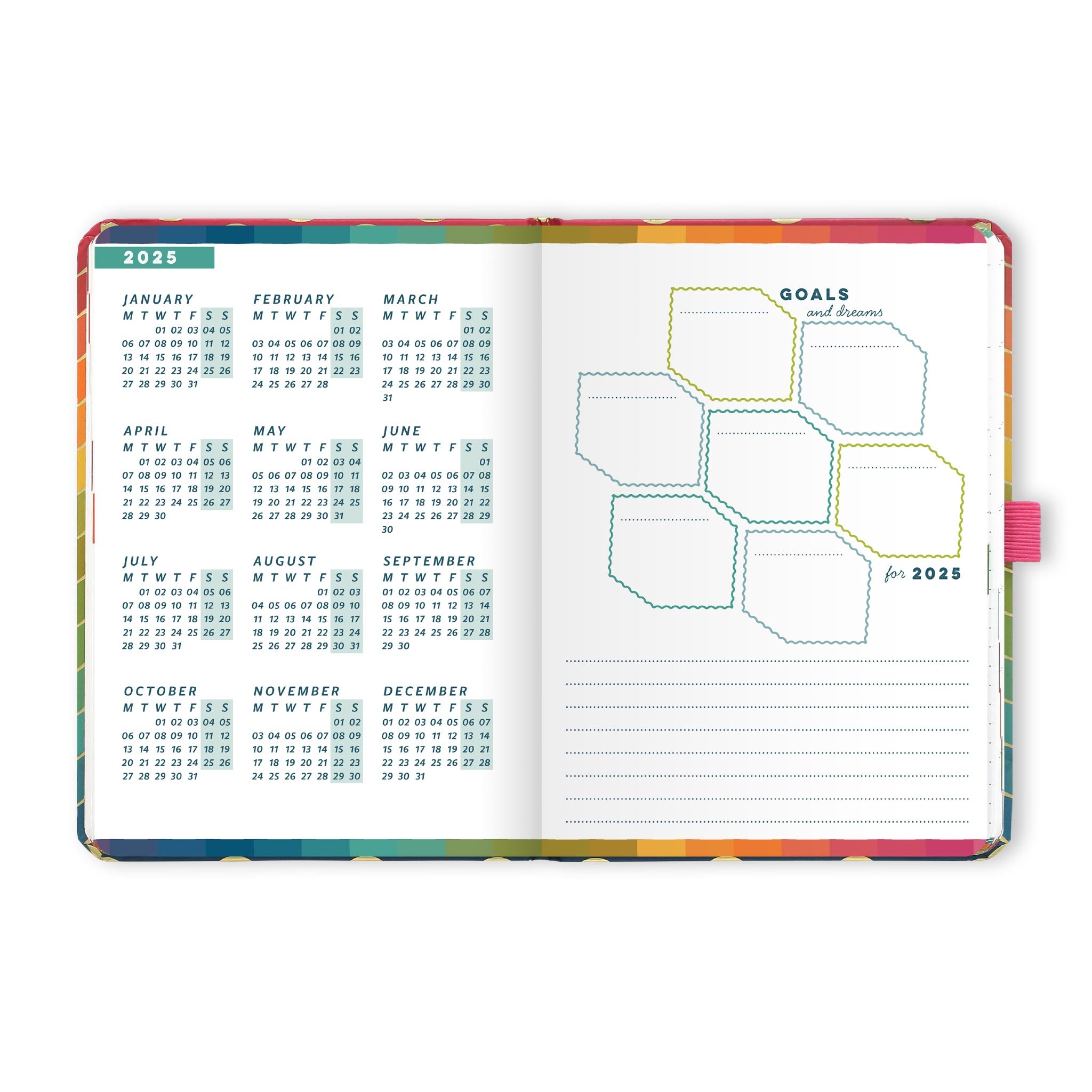 An open diary planner with a goals and dreams for the year page and a page with year micro calendars for 2025 and 2026.