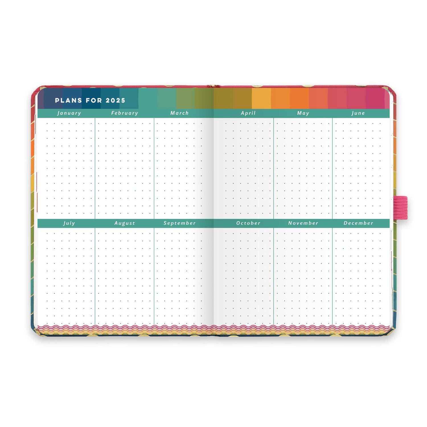 An open diary planner with plans for 2025 and dotted note space for each month. 