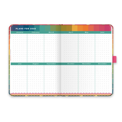 An open diary planner with plans for 2025 and dotted note space for each month. 