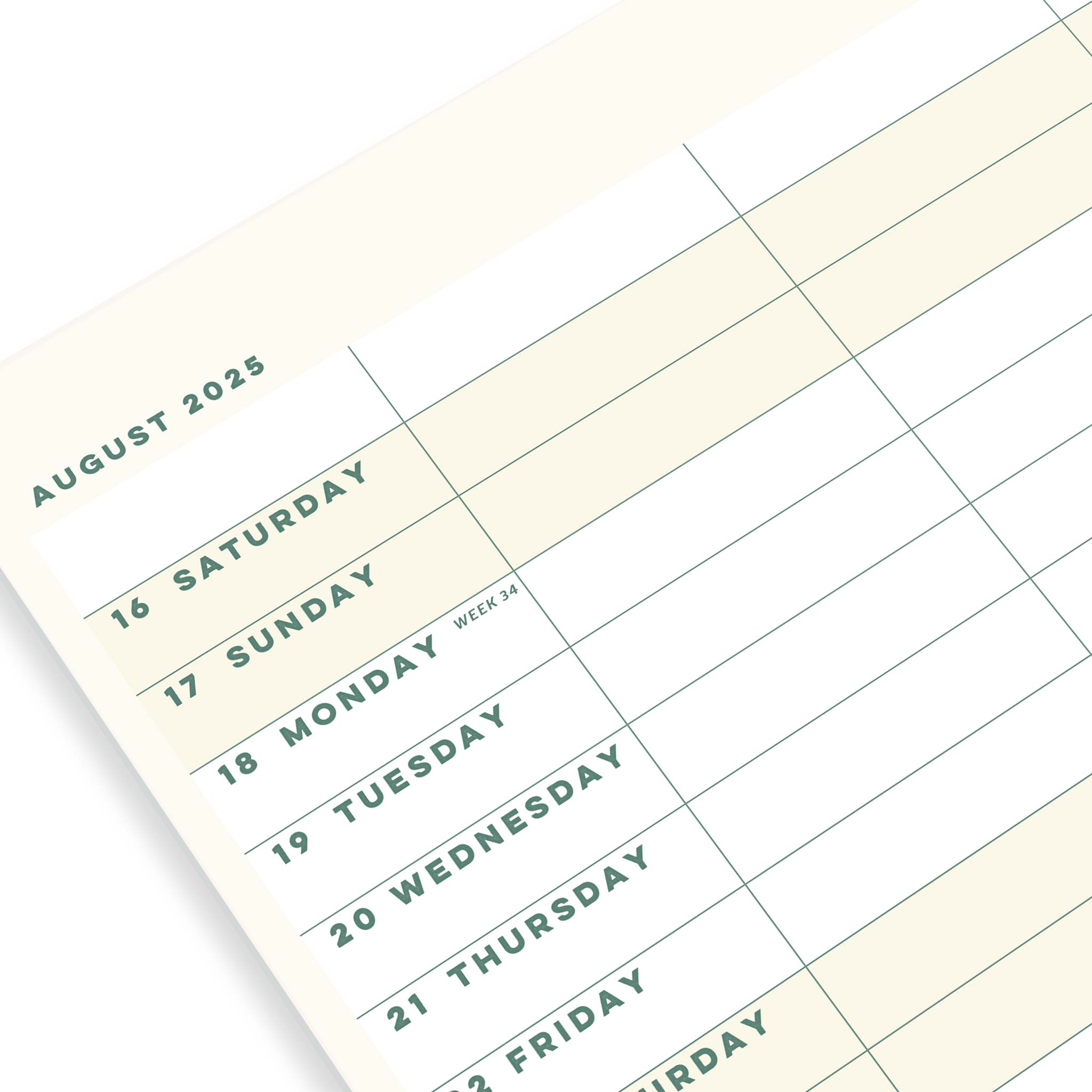 A calendar page for August 2025 with a columned layout and shaded weekends