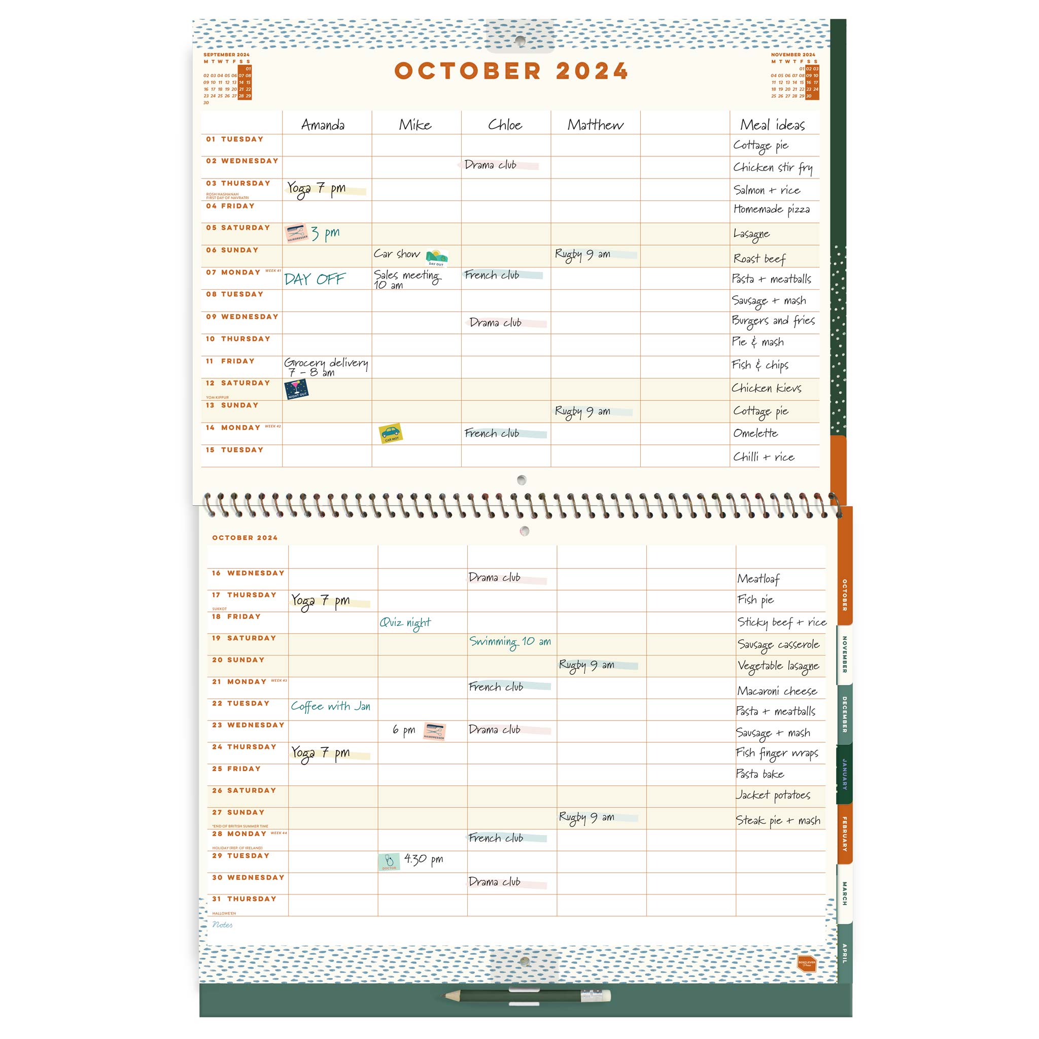 Open page spread of a large wall calendar, with 6 columns and writing on it