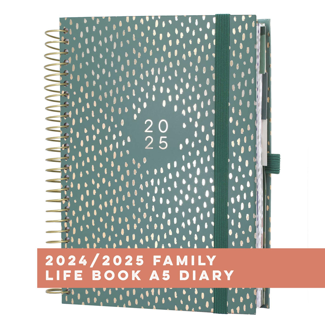 Boxclever Press Family Life Book Diary 2024/2025 with a green and white dot design