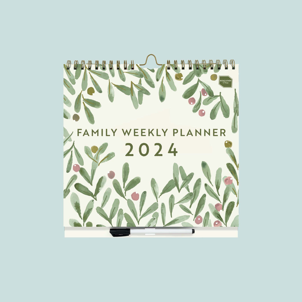 Family weekly planner 2023 2024 wall calendar with a green leaf pattern and berries on a white background. With hanging hook and clip on pen