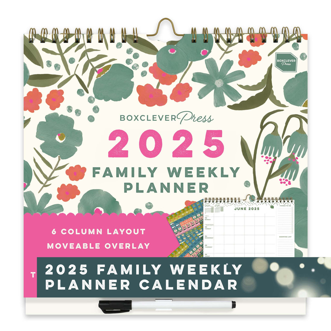 12 month 2025 family weekly planner calendar with floral design. 