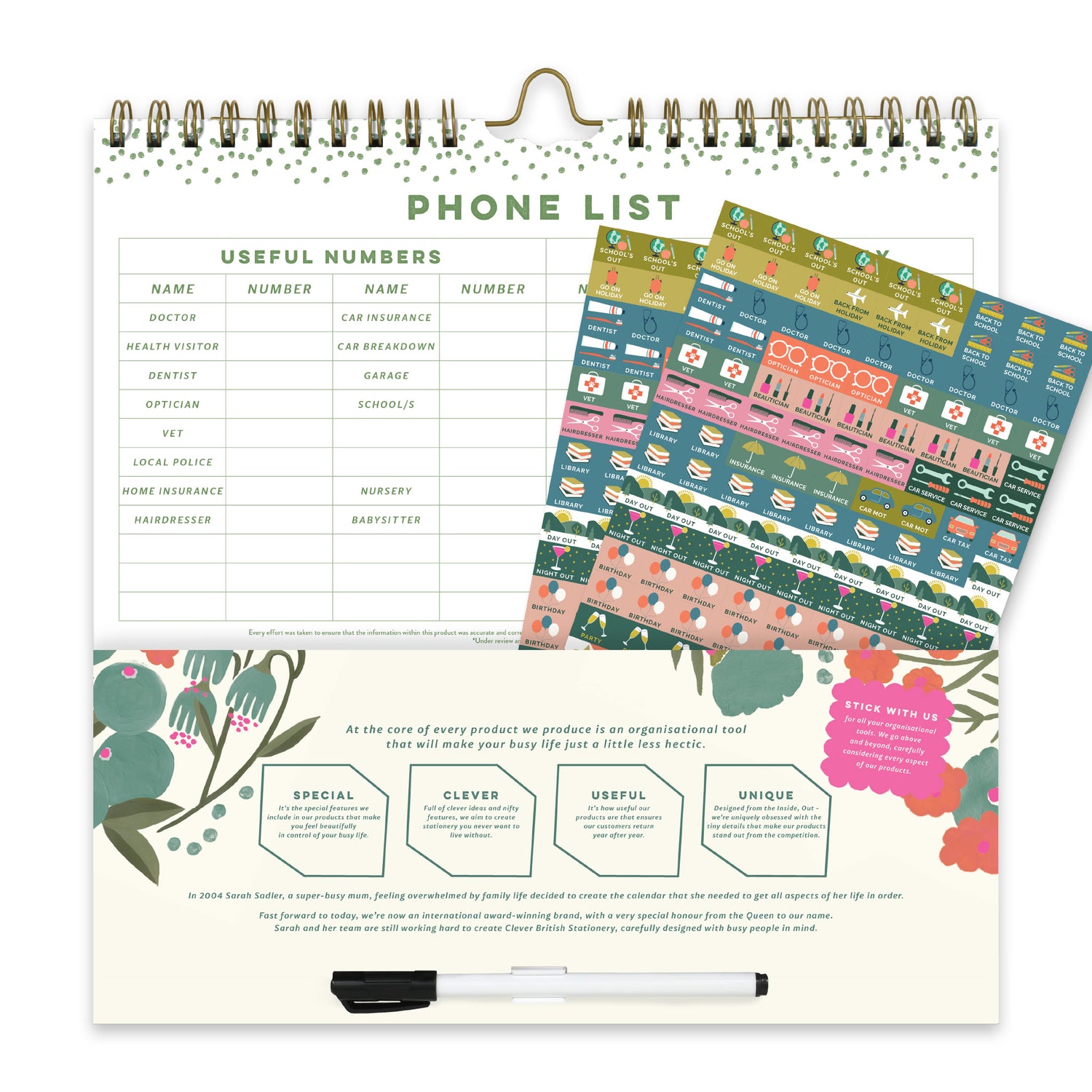 A calendar back pocket with 2 sheets of colourful reminder stickers.