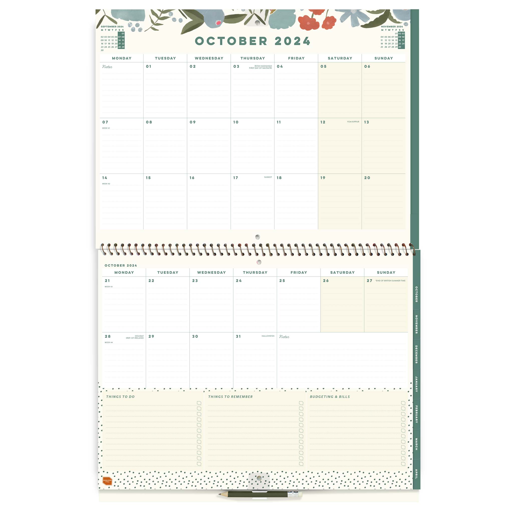 An open wall calendar with a floral background