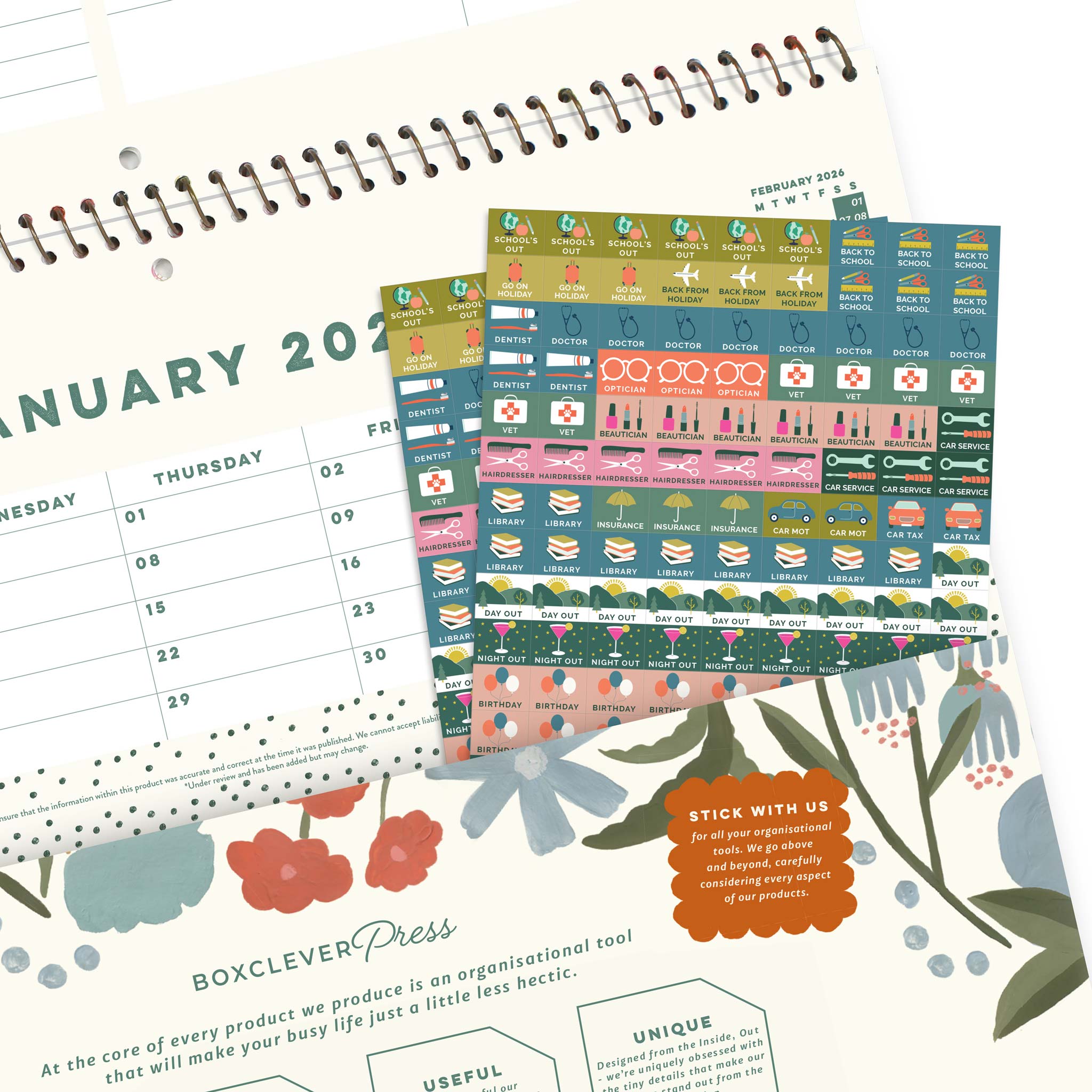 A calendar back pocket with 2 sheets of colourful reminder stickers