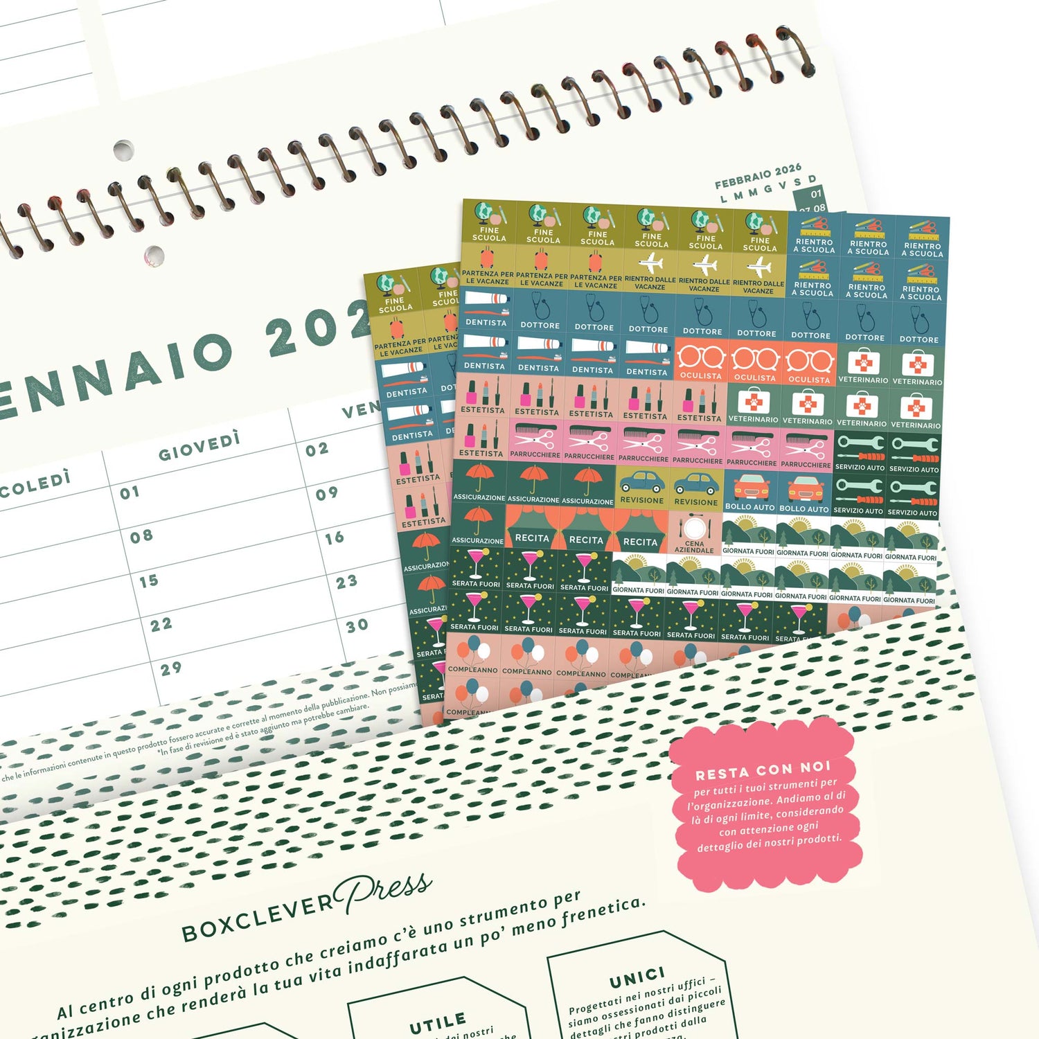 Una tasca posteriore per il calendario con 2 fogli di adesivi colorati per i promemoria