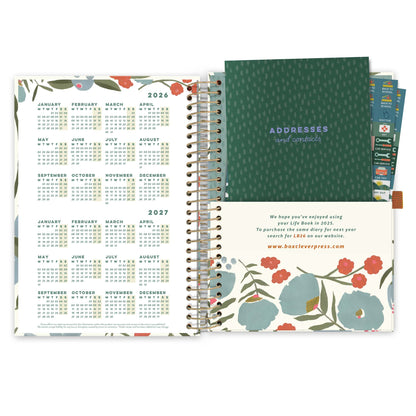 Back pages of a diary with year microcalendars and a floral pocket with an address book and reminder stickers
