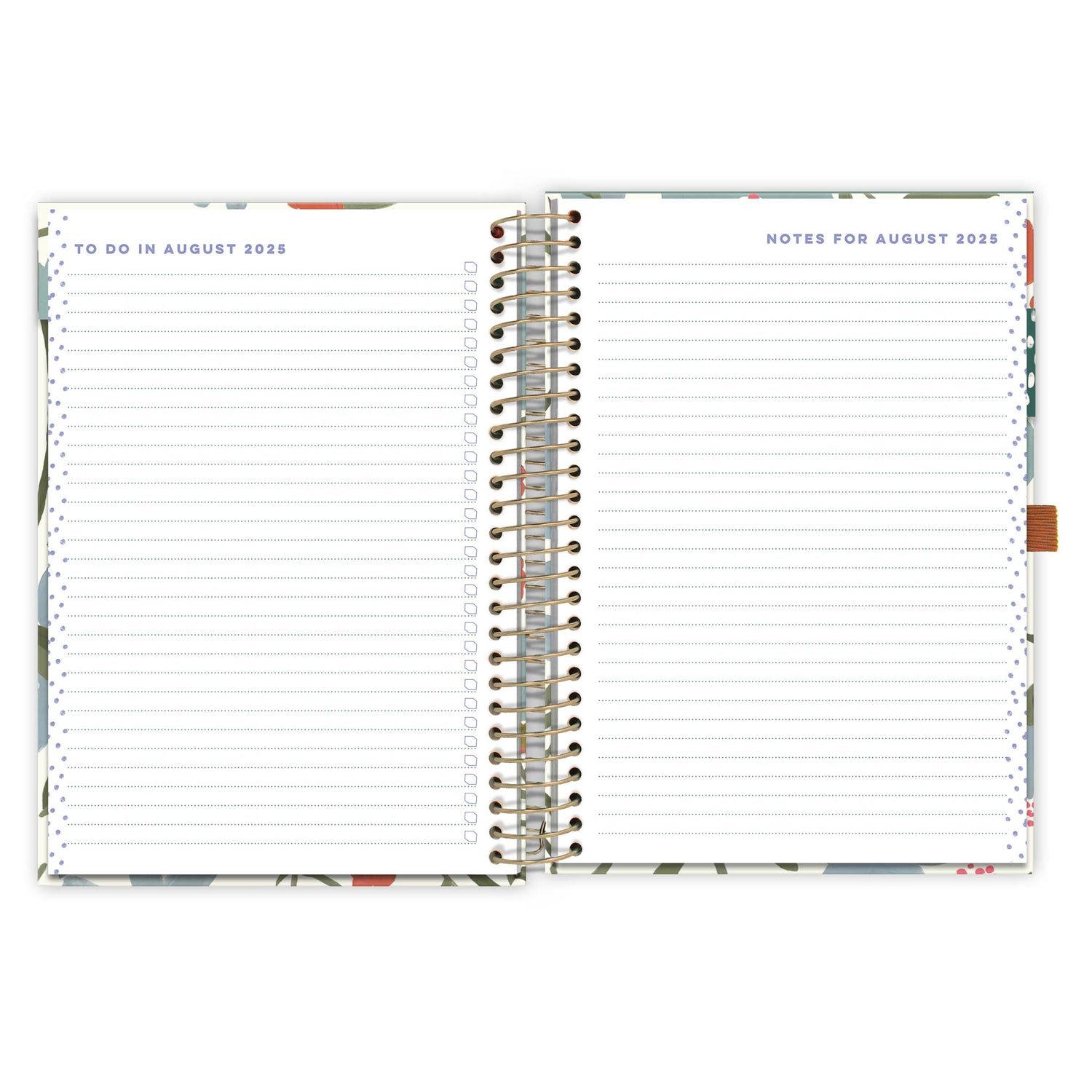 An open diary planner page with a to do in August 2025 page and notes for August 2025 page