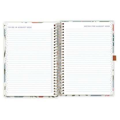 An open diary planner page with a to do in August 2025 page and notes for August 2025 page