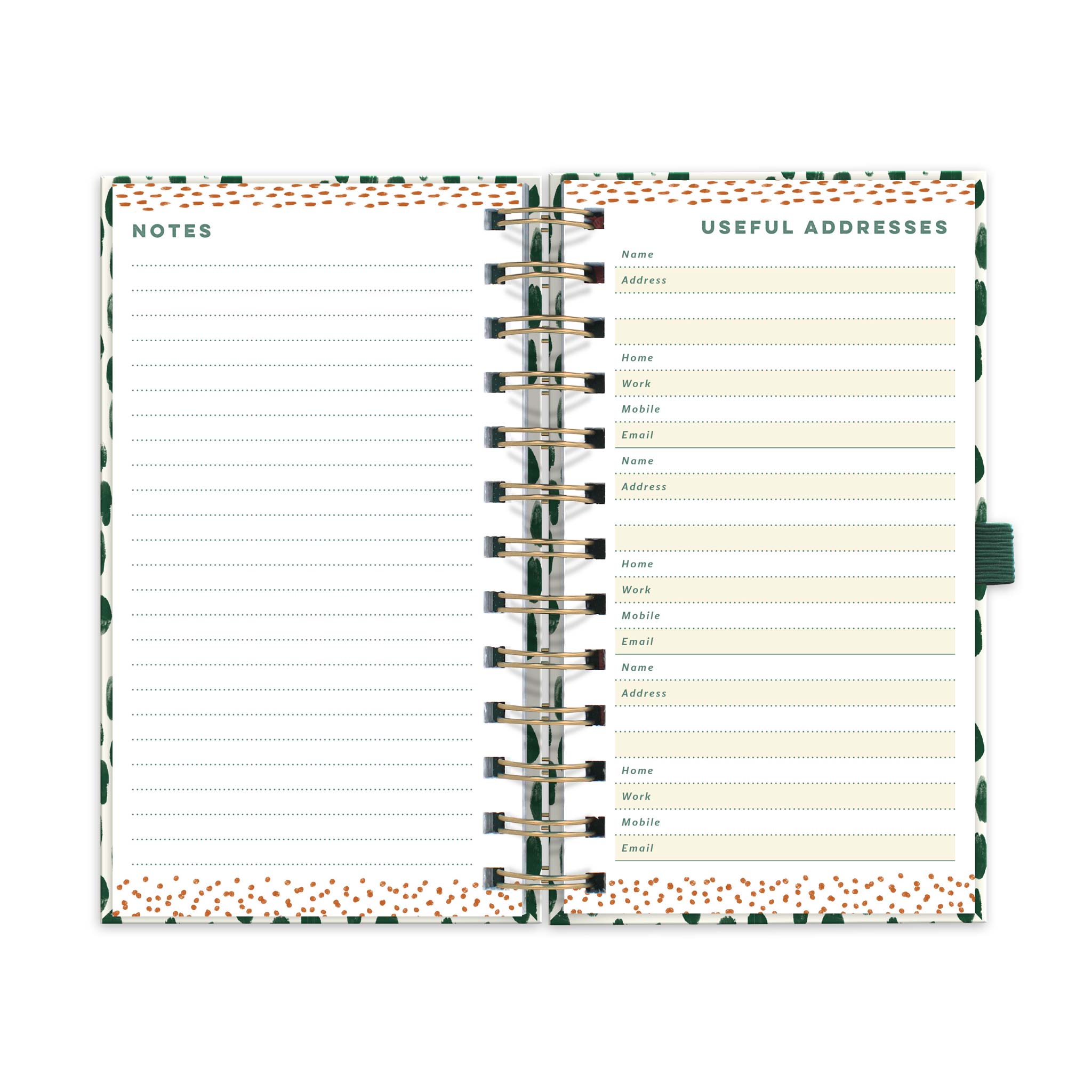 An open diary planner with a lined notes page and a page for addresses