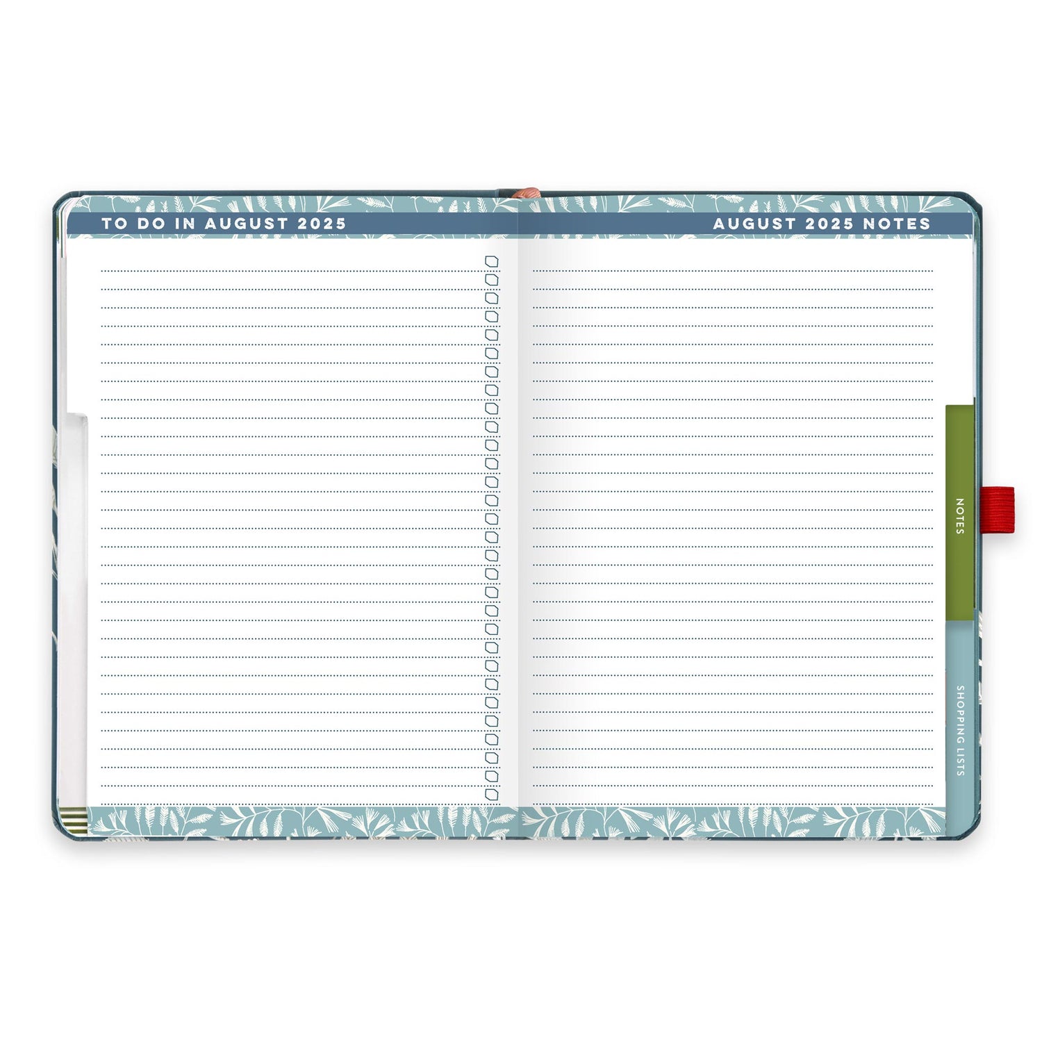 An open diary spread with a to-do checklist for August 2025 and a note page also. 