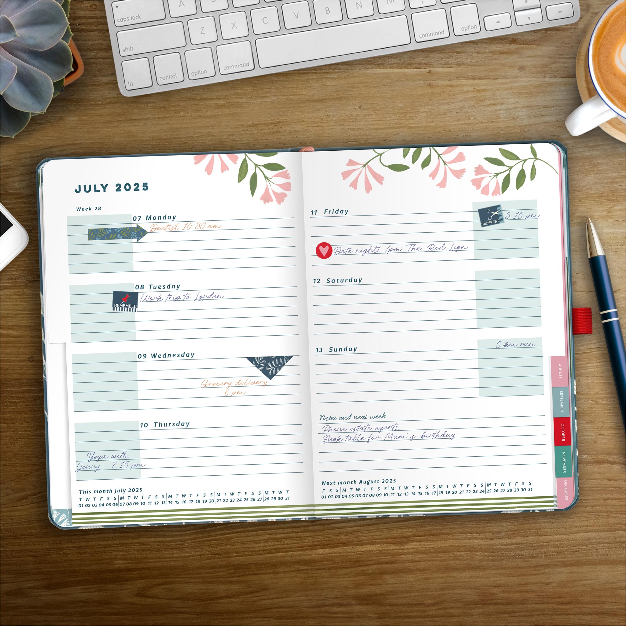 Open weekly planner on a wooden desk, with appointments and colourful reminder stickers. 