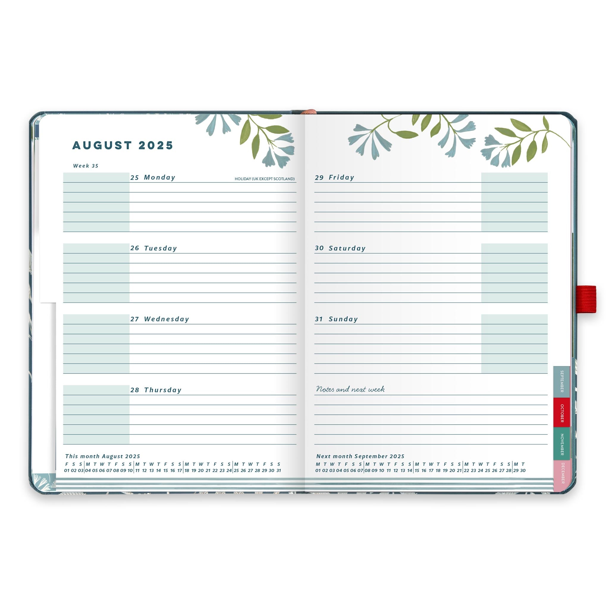 An inside diary spread with equal space for each day, shaded priority boxes and micro calendars.