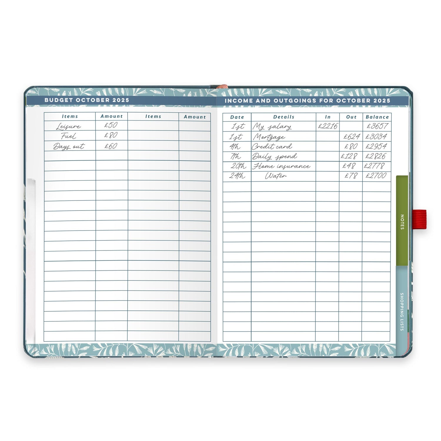 An open diary spread with a budget page for October 2025 and an income and outgoings page.