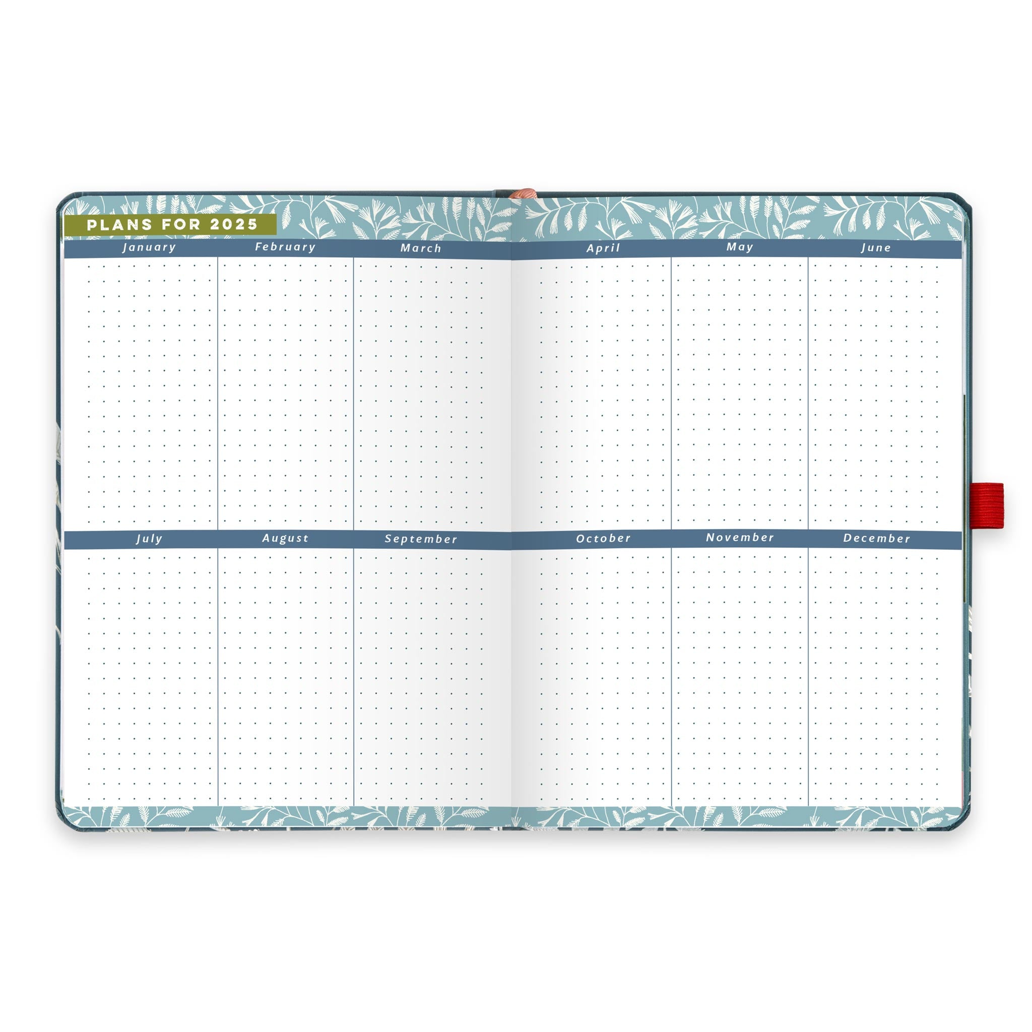 An open diary planner with plans for 2025 and dotted note space for each month. 
