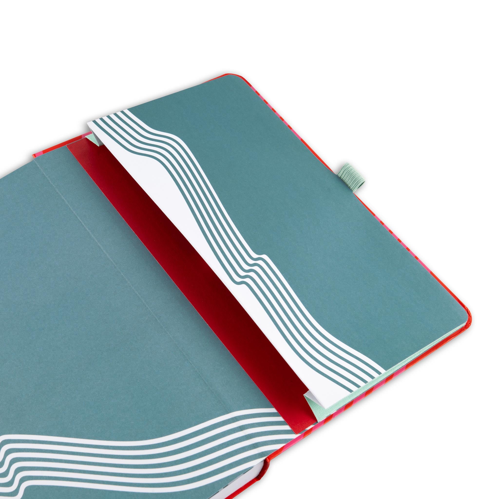 Back diary pocket with a blue and white wavy pattern and light blue pen loop. 