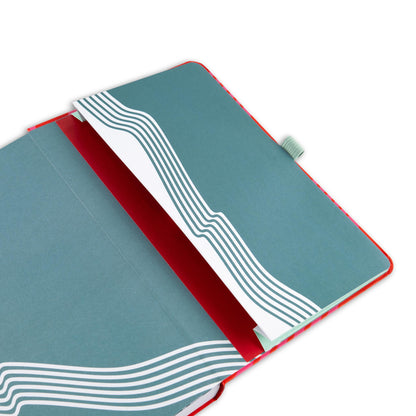 Back diary pocket with a blue and white wavy pattern and light blue pen loop. 