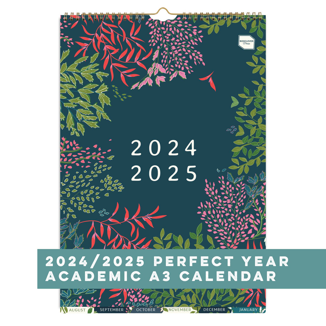 Boxclever Press Perfect Year A3 Academic Wall Calendar 2024 2025 with a pattern of leaves