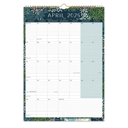 A wall calendar page for April 2025 with a blue and leaf pattern