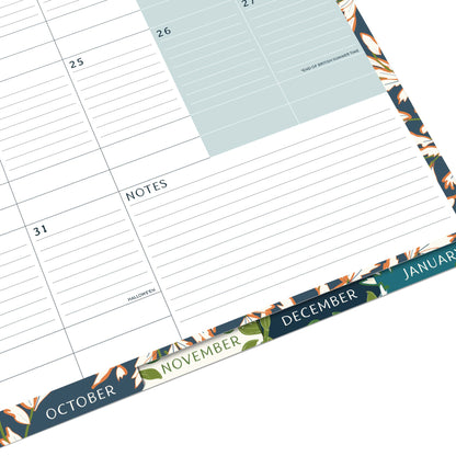 Academic wall calendar with lined note space and monthly tabs
