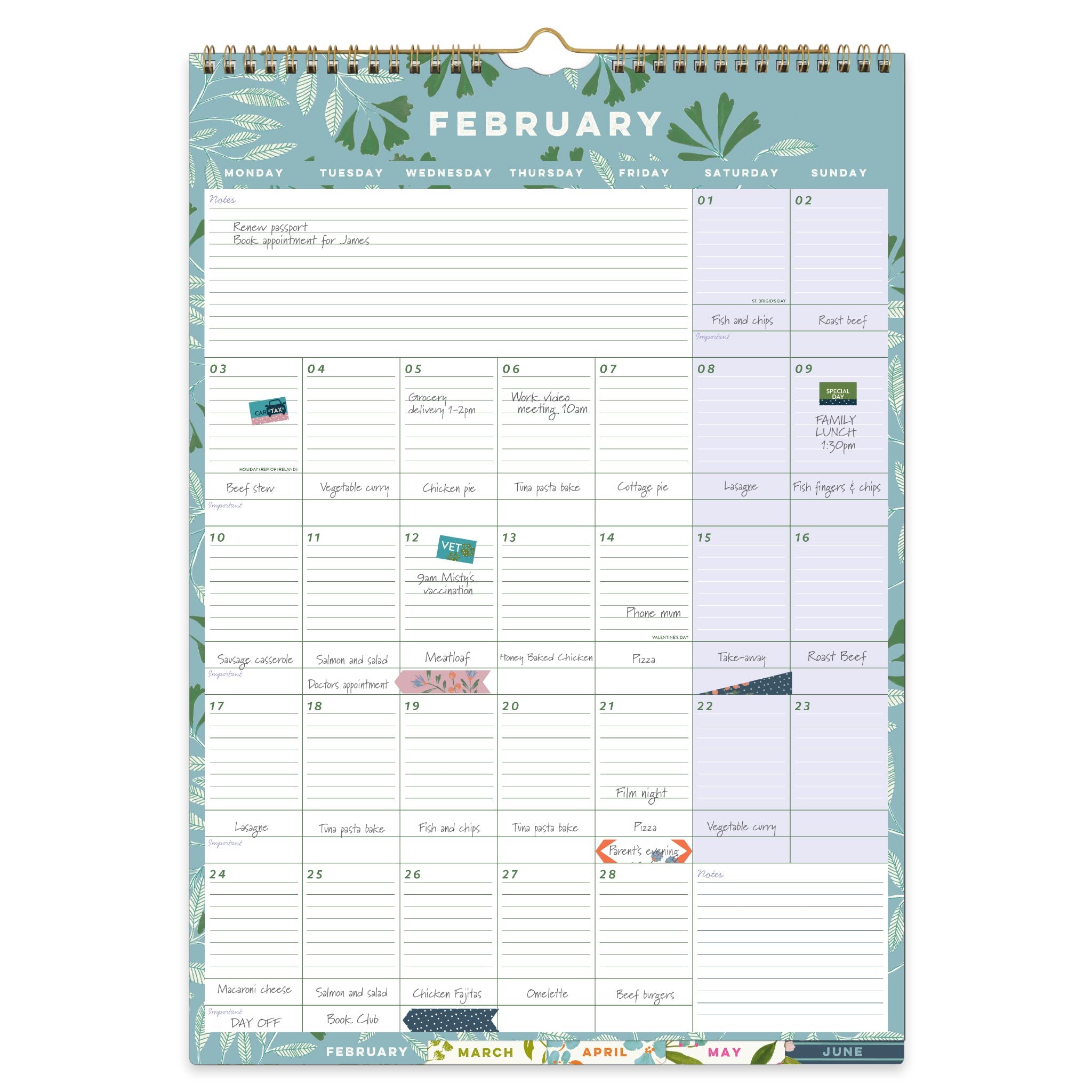 Month to view February page with plans written in the large lined appointment boxes, meal planning and stickers to mark to-do&