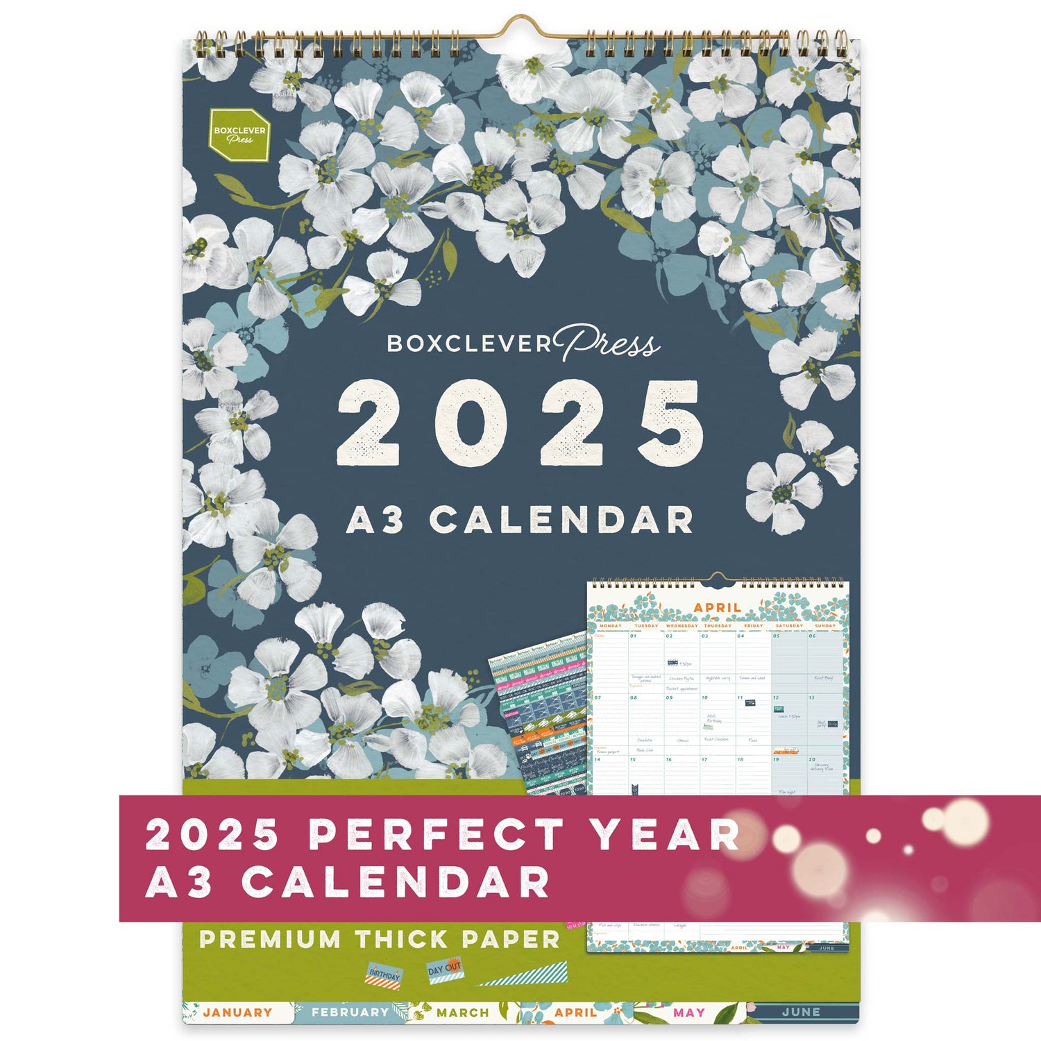 Boxclever Press Perfect Year A3 family calendar 2025 with a blue cover, white floral patterns and monthly tabs.