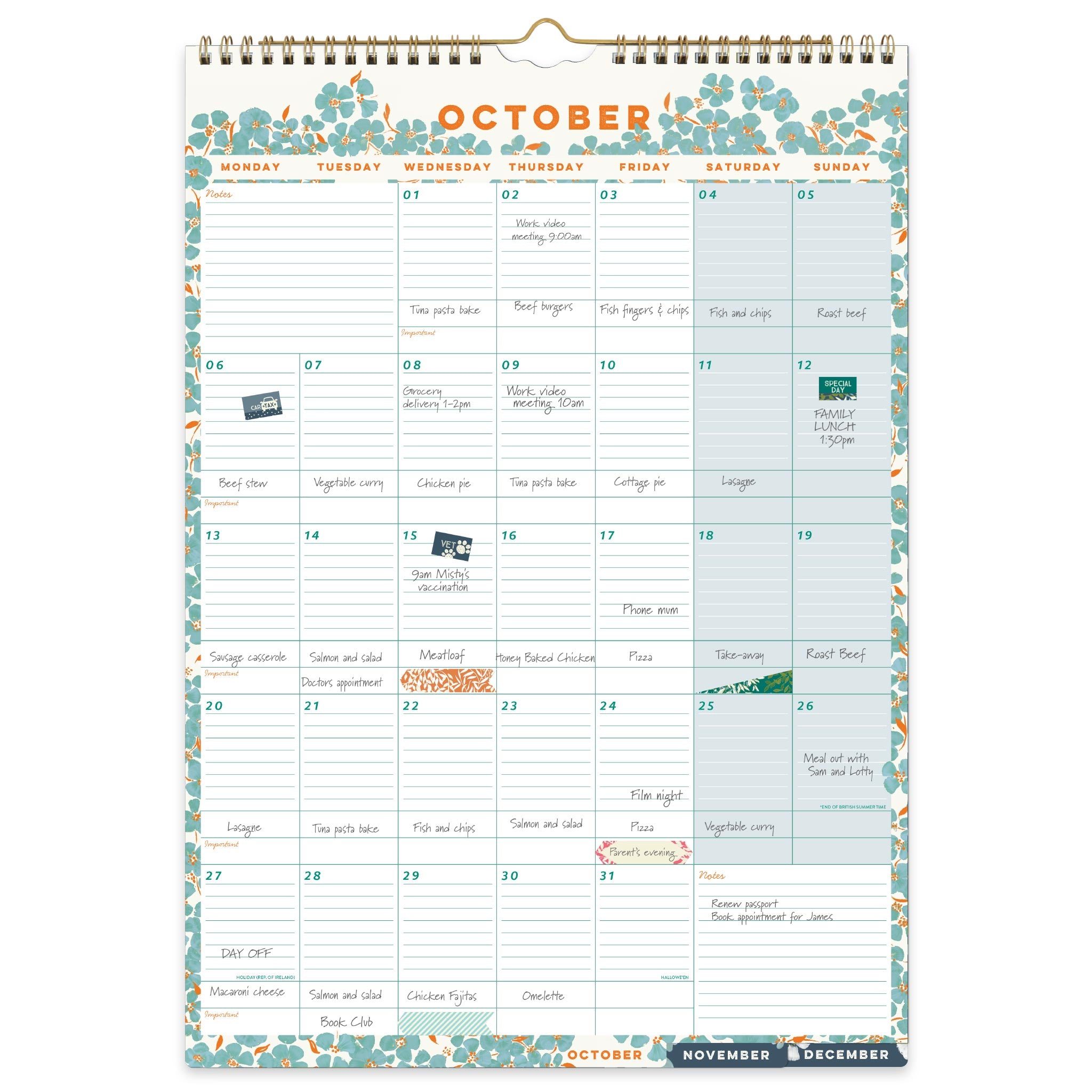 Month to view October page with plans written in the large lined appointment boxes, meal planning and stickers to mark to-do&