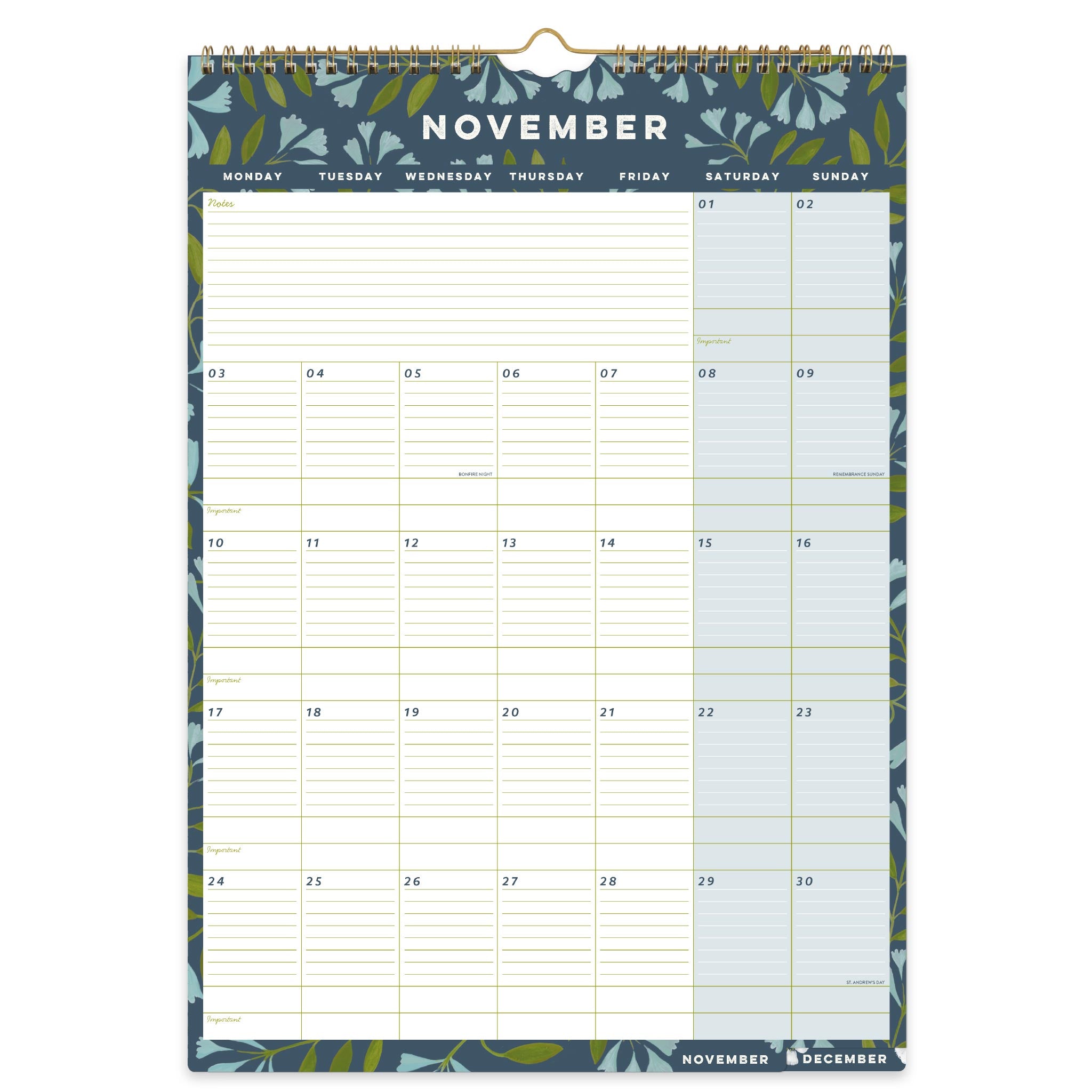 Month to view November page with  large lined appointment boxes, shaded weekends and monthly tabs. 