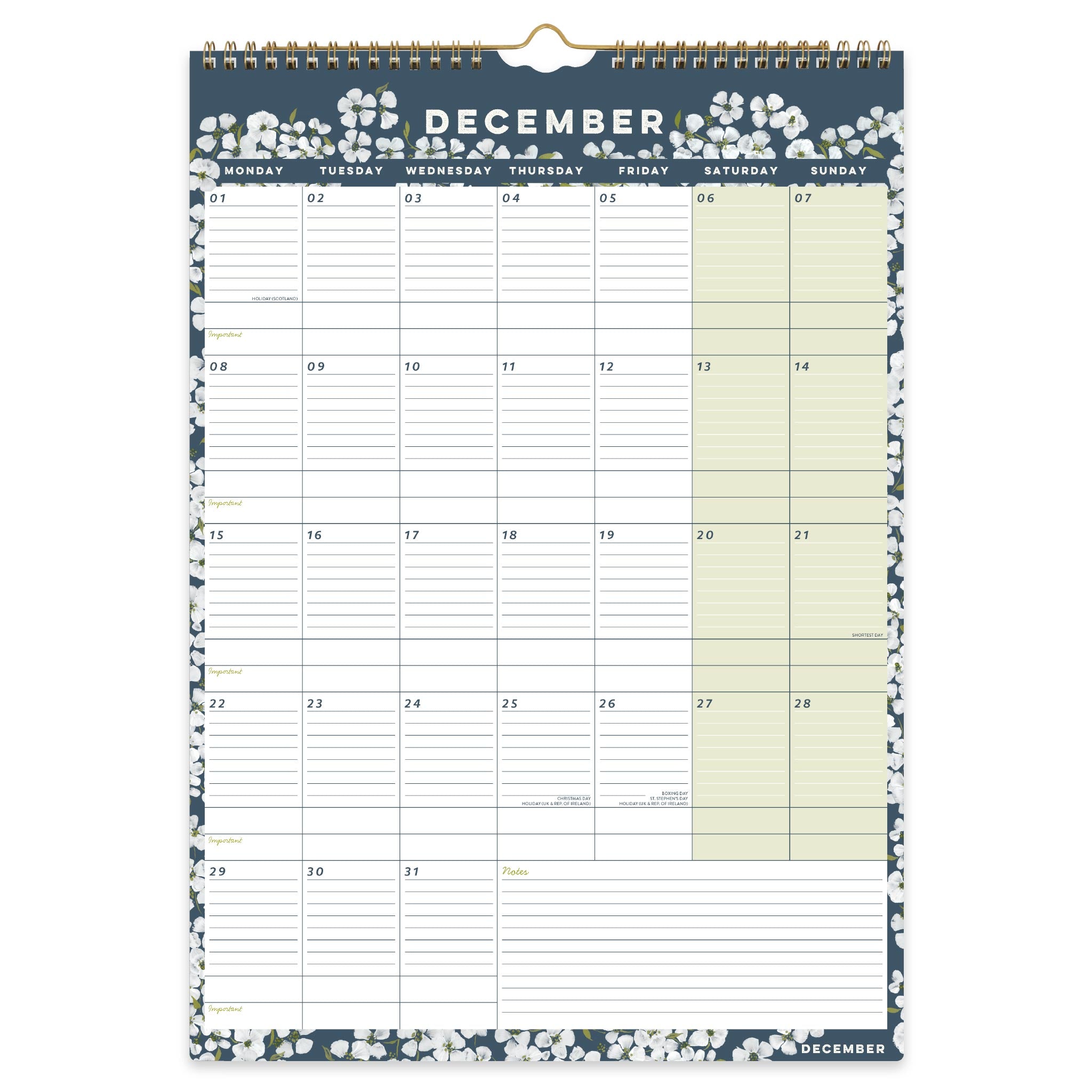 Month to view December page with  large lined appointment boxes, shaded weekends and monthly tabs. 